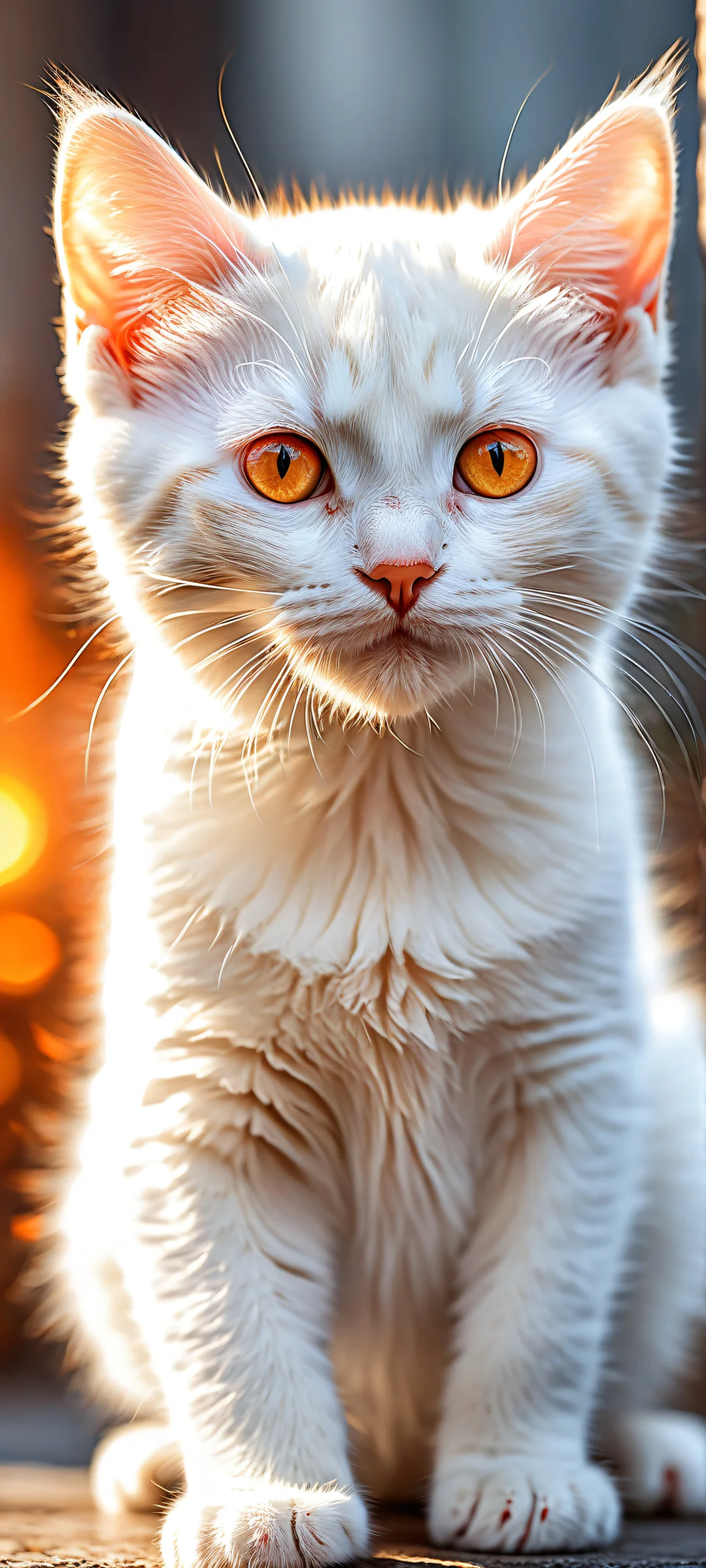 Ethereal portrait of a snow-white kitten with orange eyes and swirling background for iPhone/Android wallpapers.