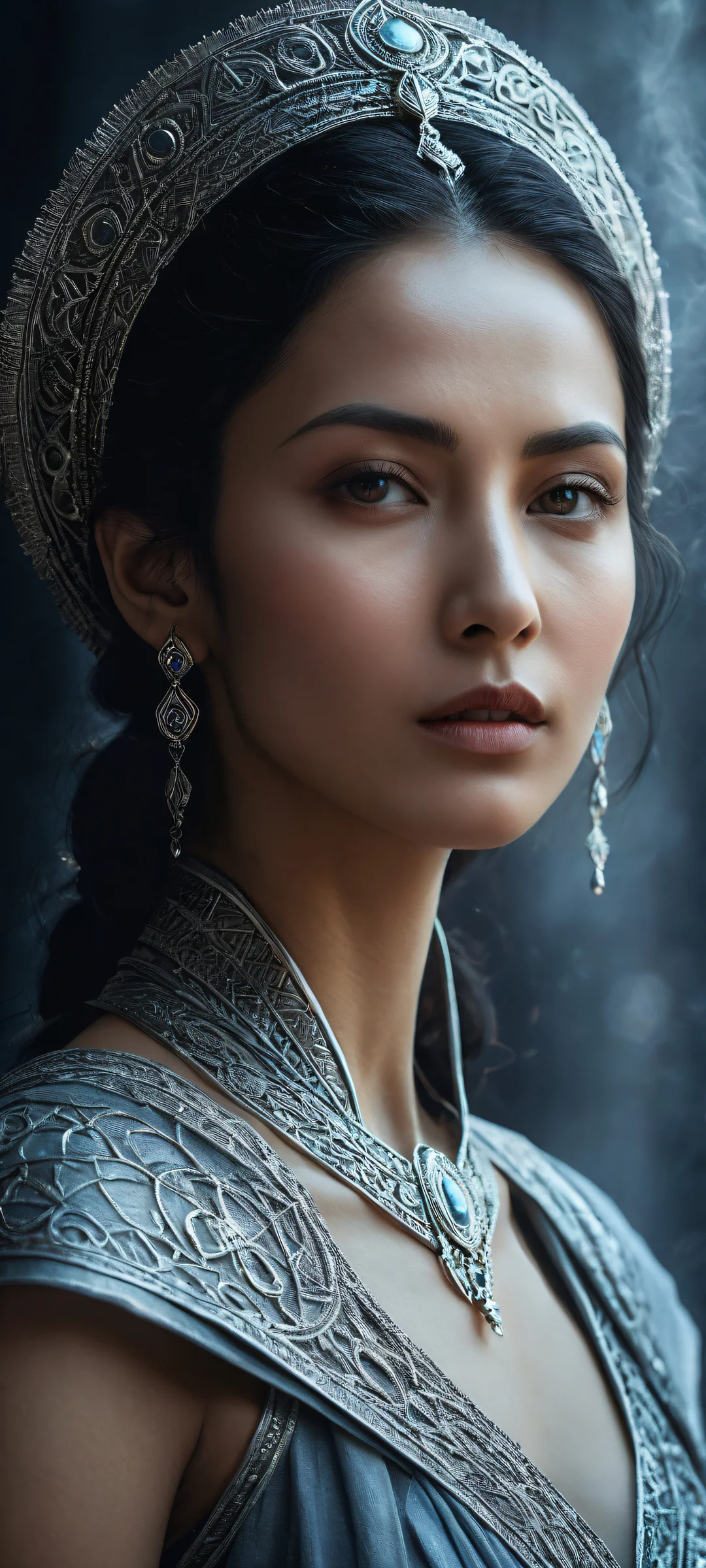 A mystical woman surrounded by ancient runes and wispy auras on a black background with subtle gray wisps, perfectly clean top half for UI elements. Suitable for iPhone/Android.