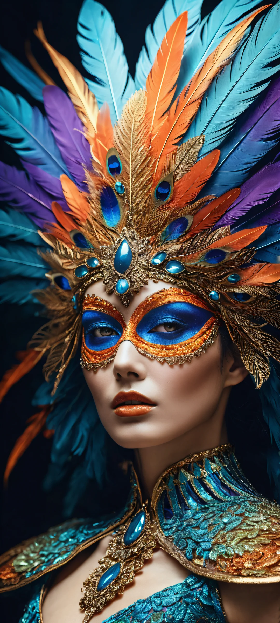 iPhone/Android background featuring a mystical beauty with an extravagant avant-garde headdress and mask, perfectly optimized for iPhone, Samsung Galaxy, and Android home screens.