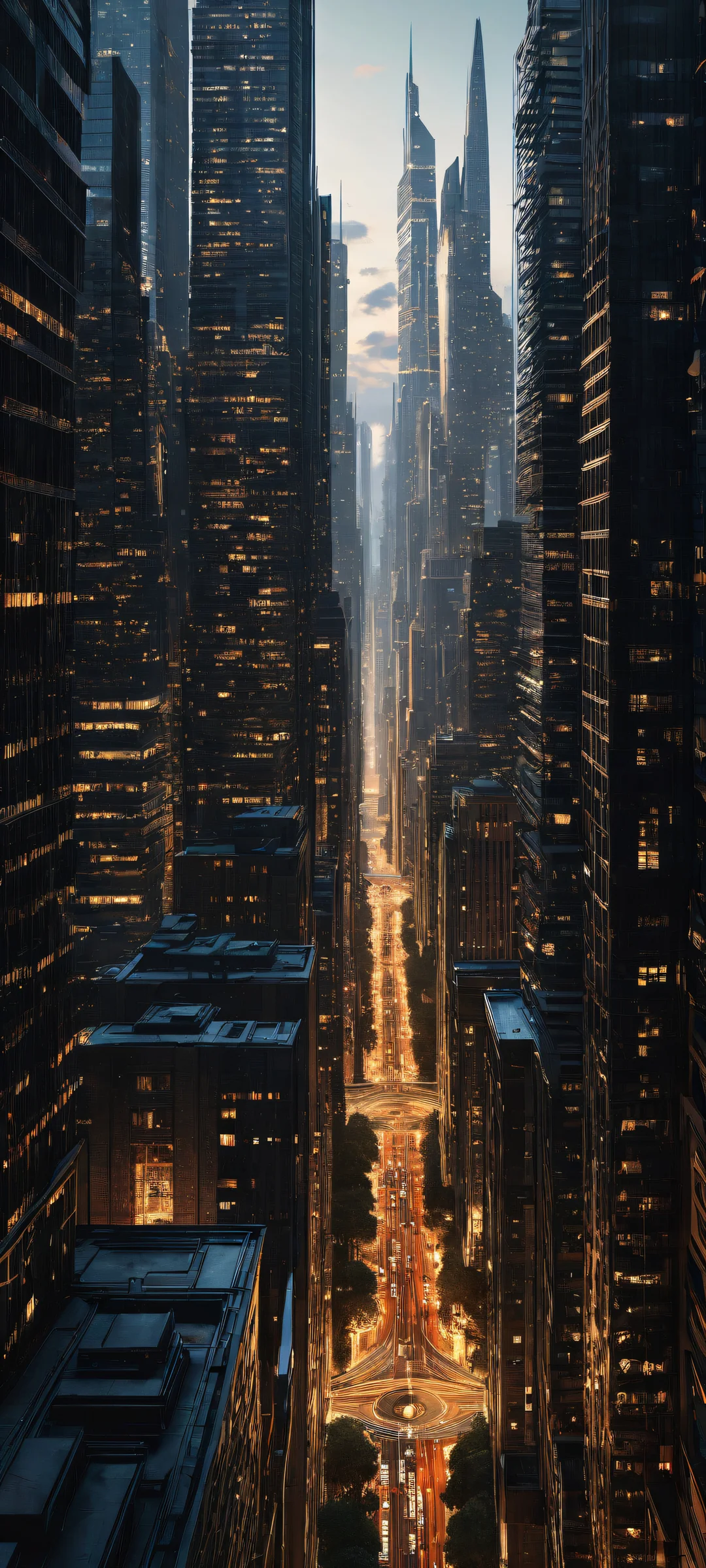 iPhone and Android users will be mesmerized by this breathtaking vertical artwork of a mystical cityscape with intricate micro-details, perfectly clean top half for seamless UI integration.