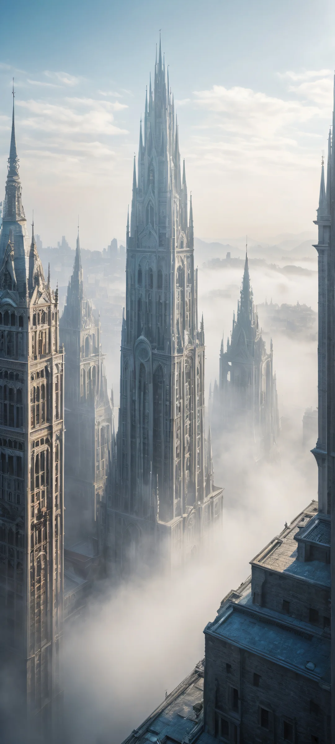 iPhone/Android wallpaper featuring a breathtaking cityscape with misty morning fog and Unreal shapes, perfectly optimized for home screens.