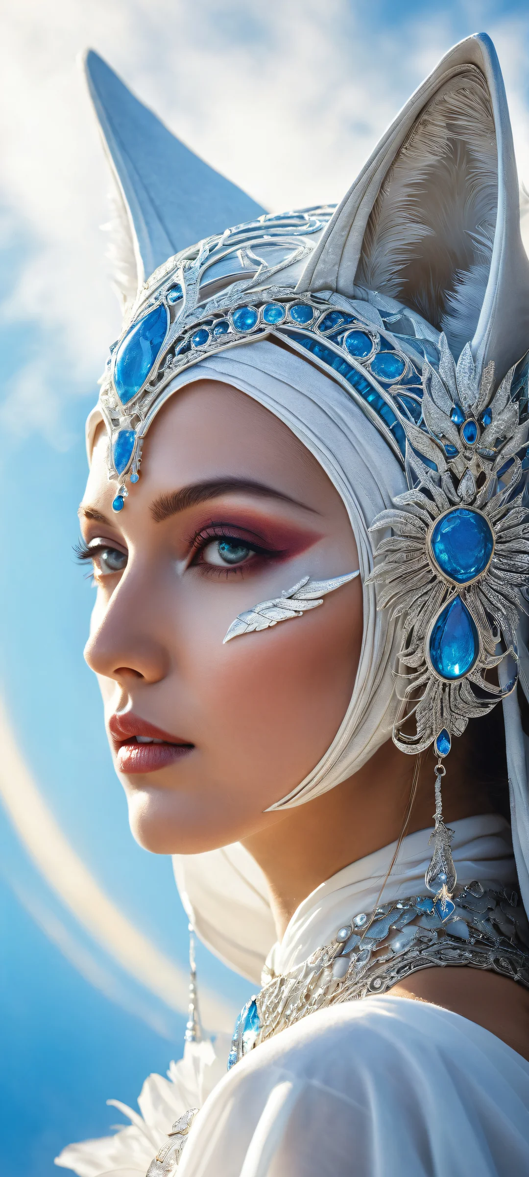 A mystical creature gazes into the celestial blue sky, set against a perfectly clean and empty background, suitable for iPhone/Android home screens.