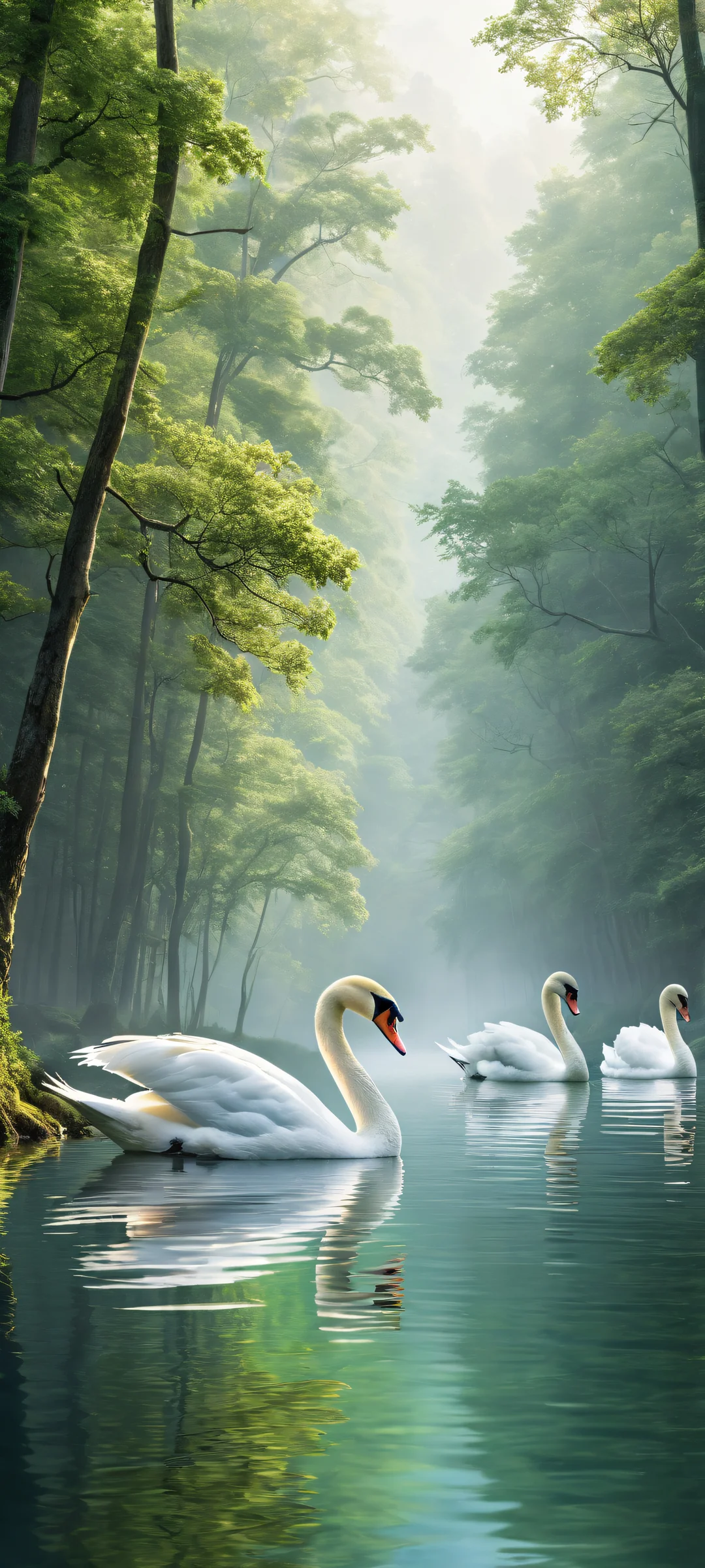 A breathtaking portrait of swans in a serene forest valley, perfect for iPhone/Android home screens