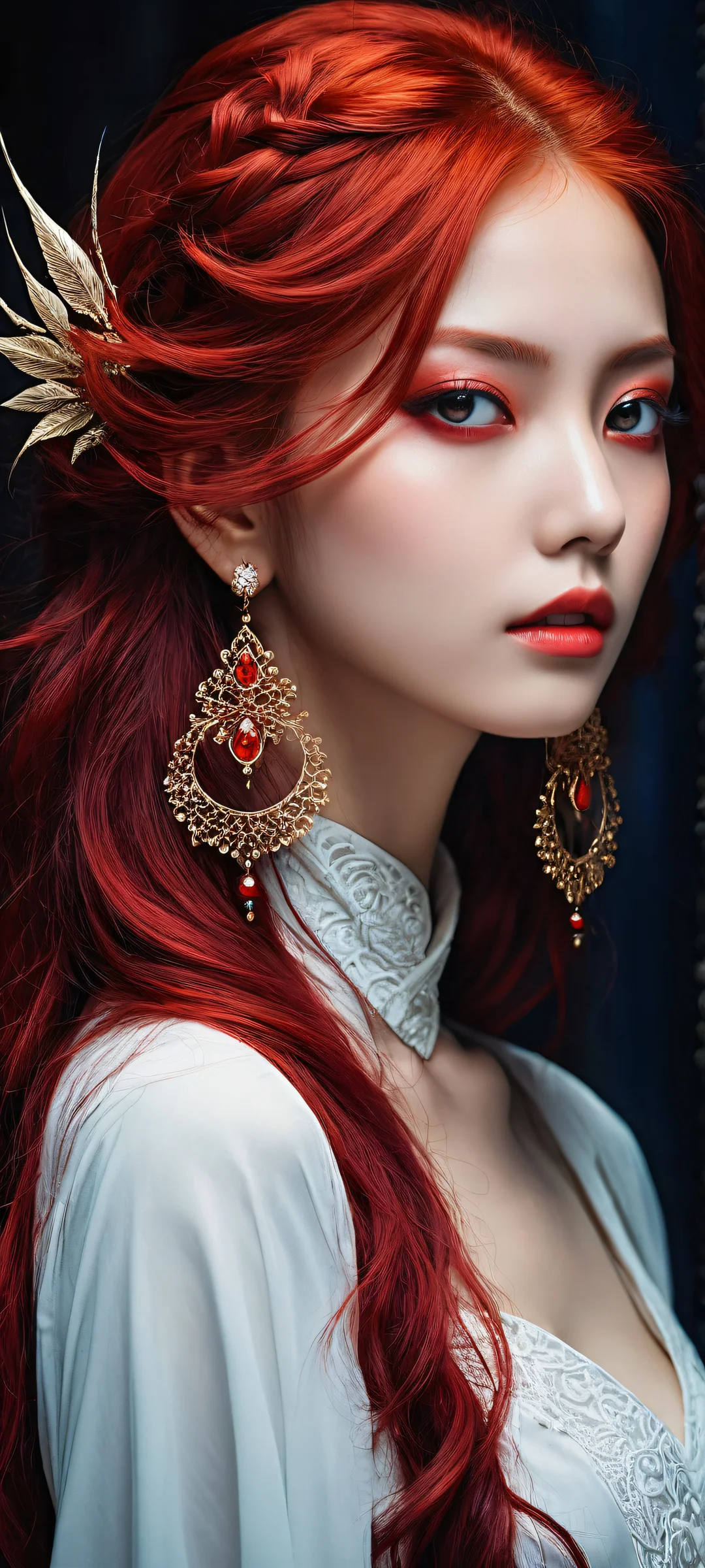 Anime girl with striking red hair and piercing red eyes on a clean black background. iPhone または Android のホーム画面に最適.