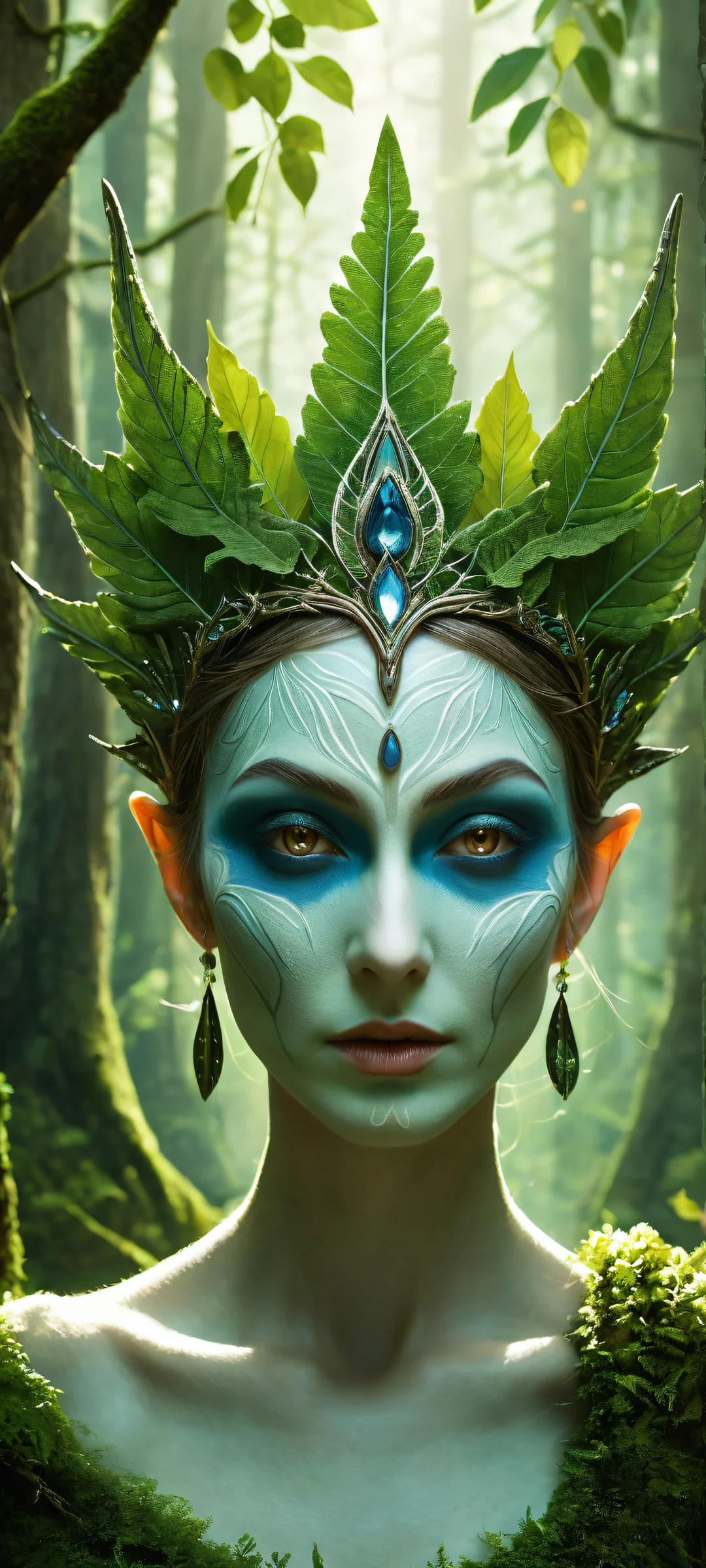 Ethereal portrait of an elf girl wearing a mystical mask, surrounded by intricate forest textures and towering trees, parfaitement optimisé pour iPhone, SamsungGalaxy, et écrans d'accueil Android.