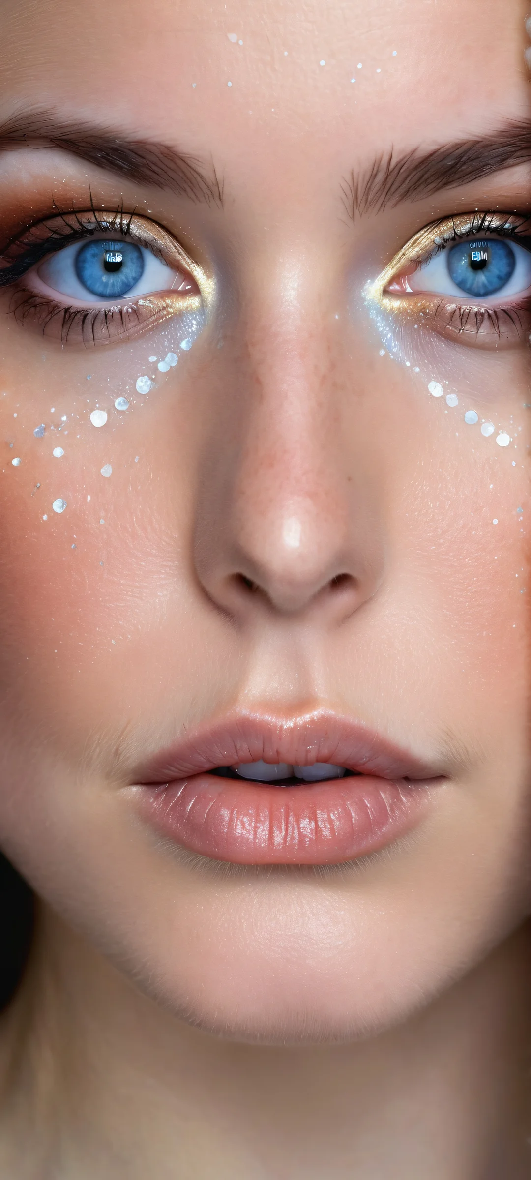 A lone figure with piercing blue eyes gazes directly at the viewer on a perfectly clean and empty top half, reminiscent of iPhone/Android home screens.