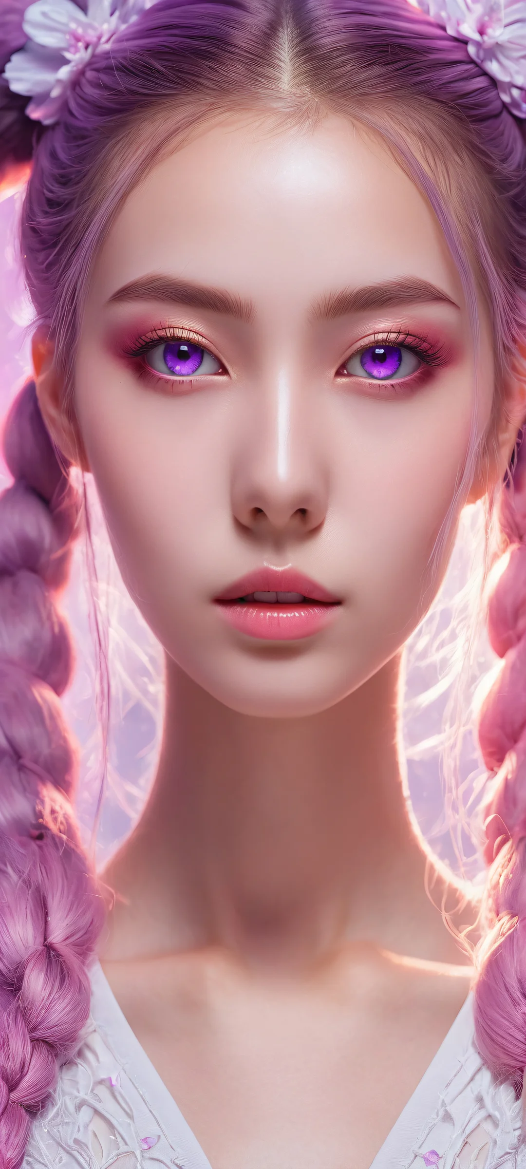 A mystical girl with pink twintails and purple eyes stands out against a pure void backdrop on your iPhone/Android home screen.