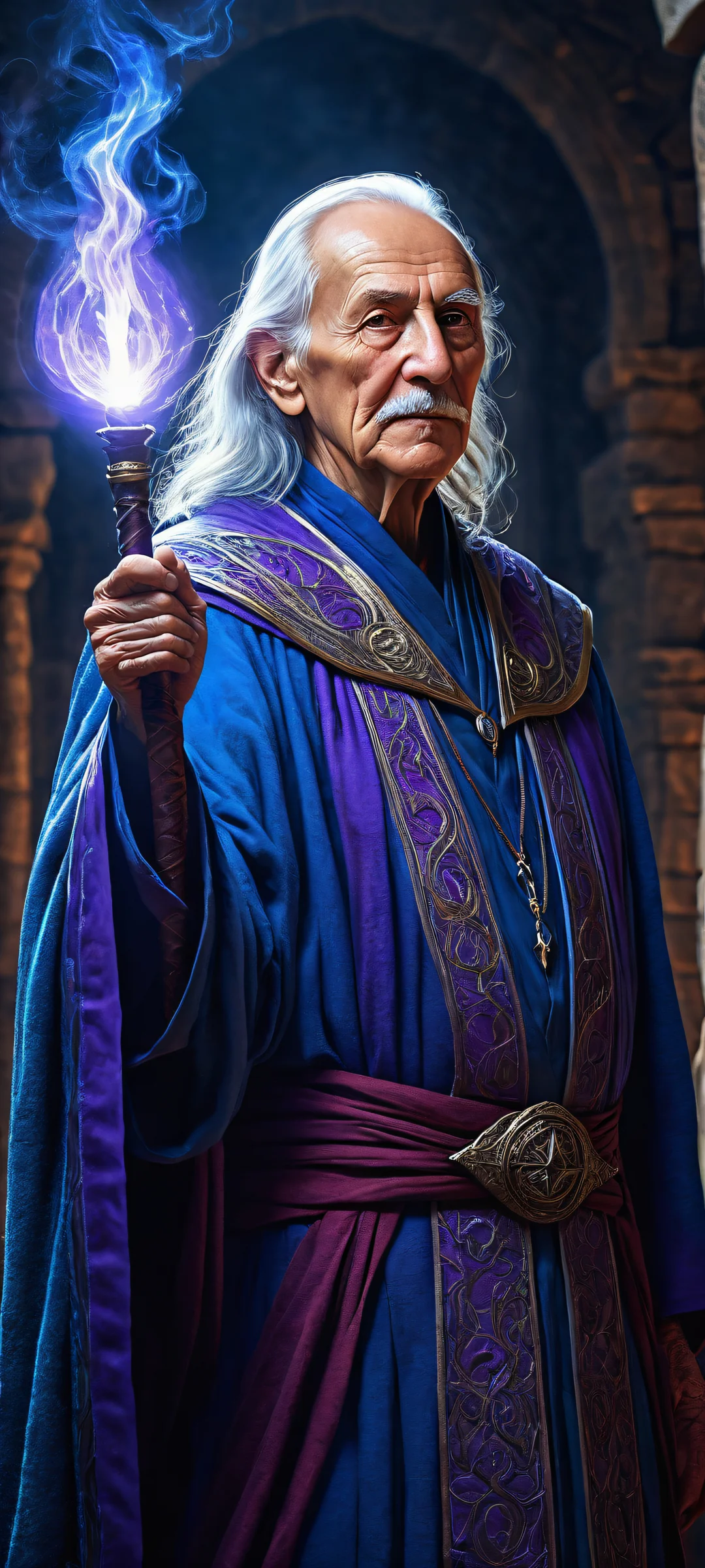 Ethereal portrait of an elderly mage surrounded by magical energy and ancient dungeon atmosphere on a perfectly clean background, suitable for iPhone/Android.