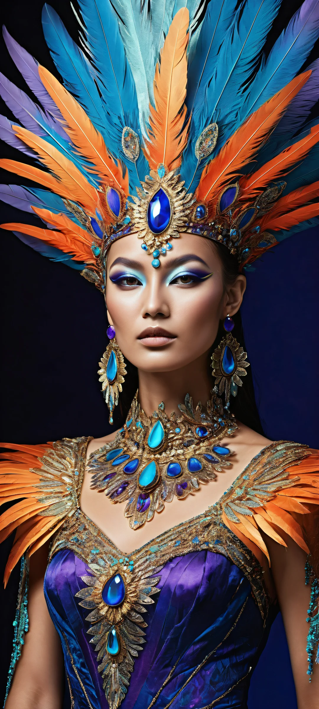 iPhone and Android users will adore this breathtaking portrait of a mystical being adorned with iridescent feathers, metallic leaves, and delicate petals. Perfectly optimized for your device's home screen.