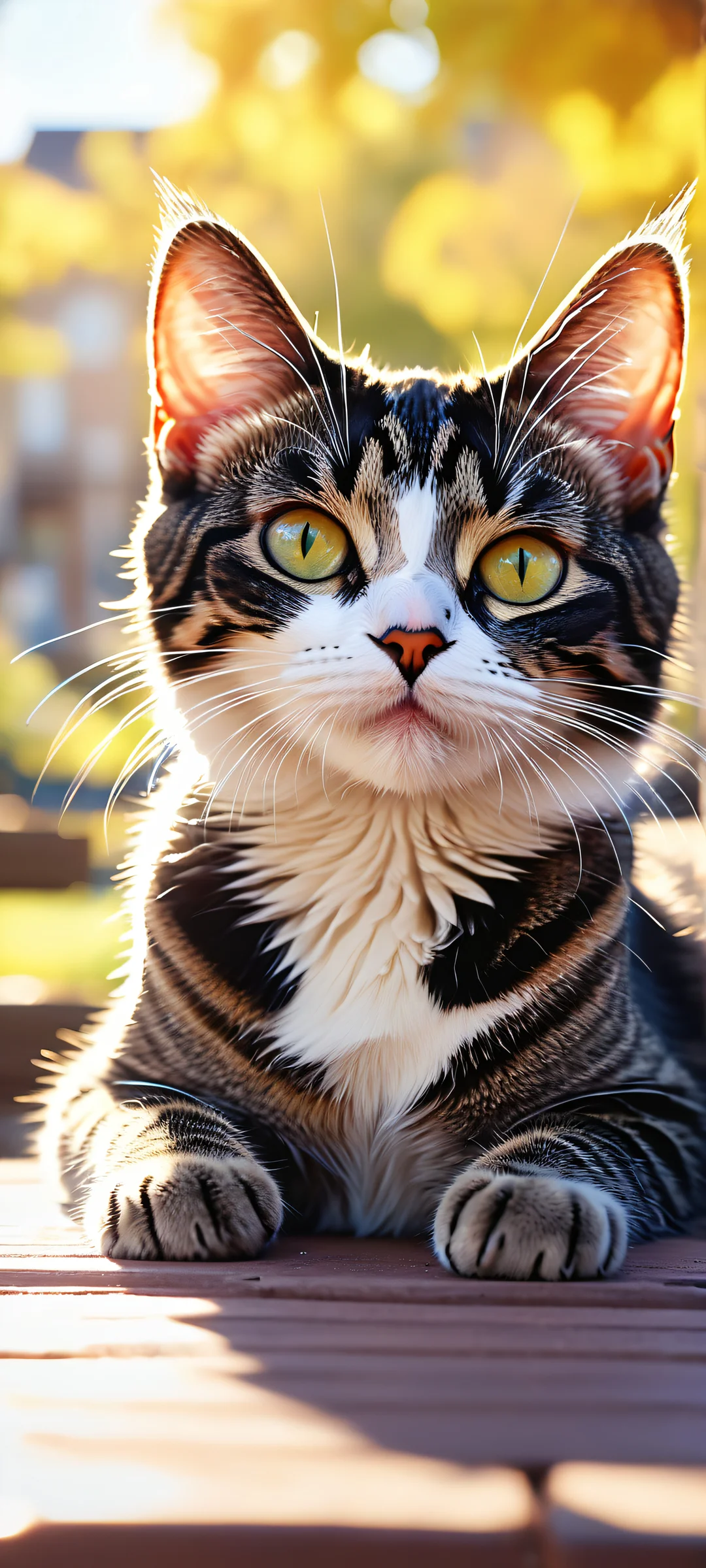 A black chibi anime cat watches in awe, juxtaposed with a photorealistic park bench scene. Perfect for iPhone/Android home screens.