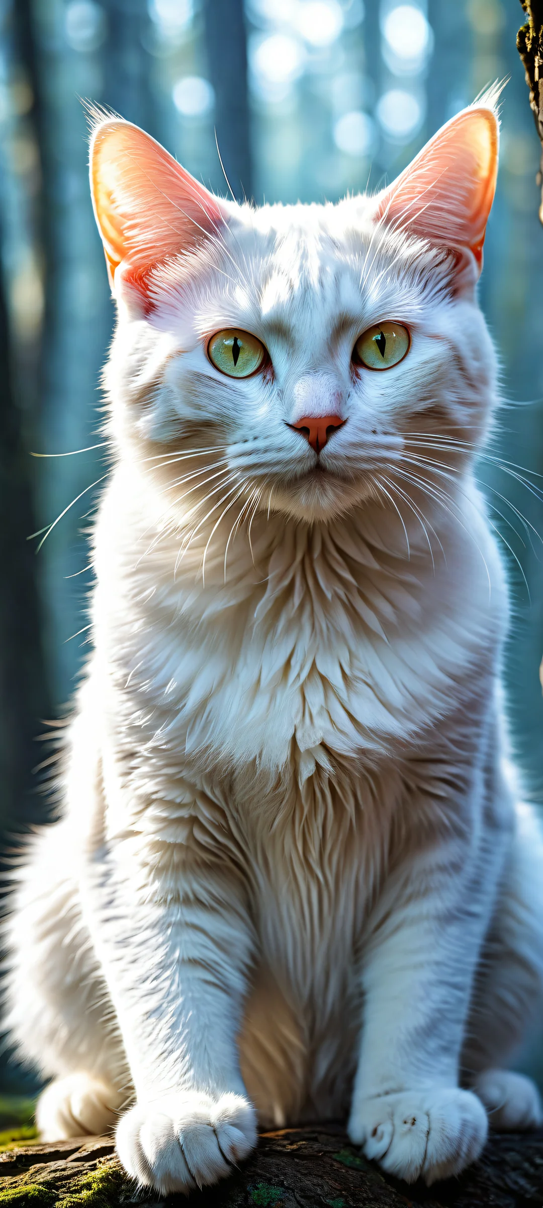 iPhone and Android-compatible mystical cat wallpaper featuring shimmering fur and piercing eyes against a vast pure void and unfolding forest, Perfectamente optimizado para pantallas de inicio móviles..