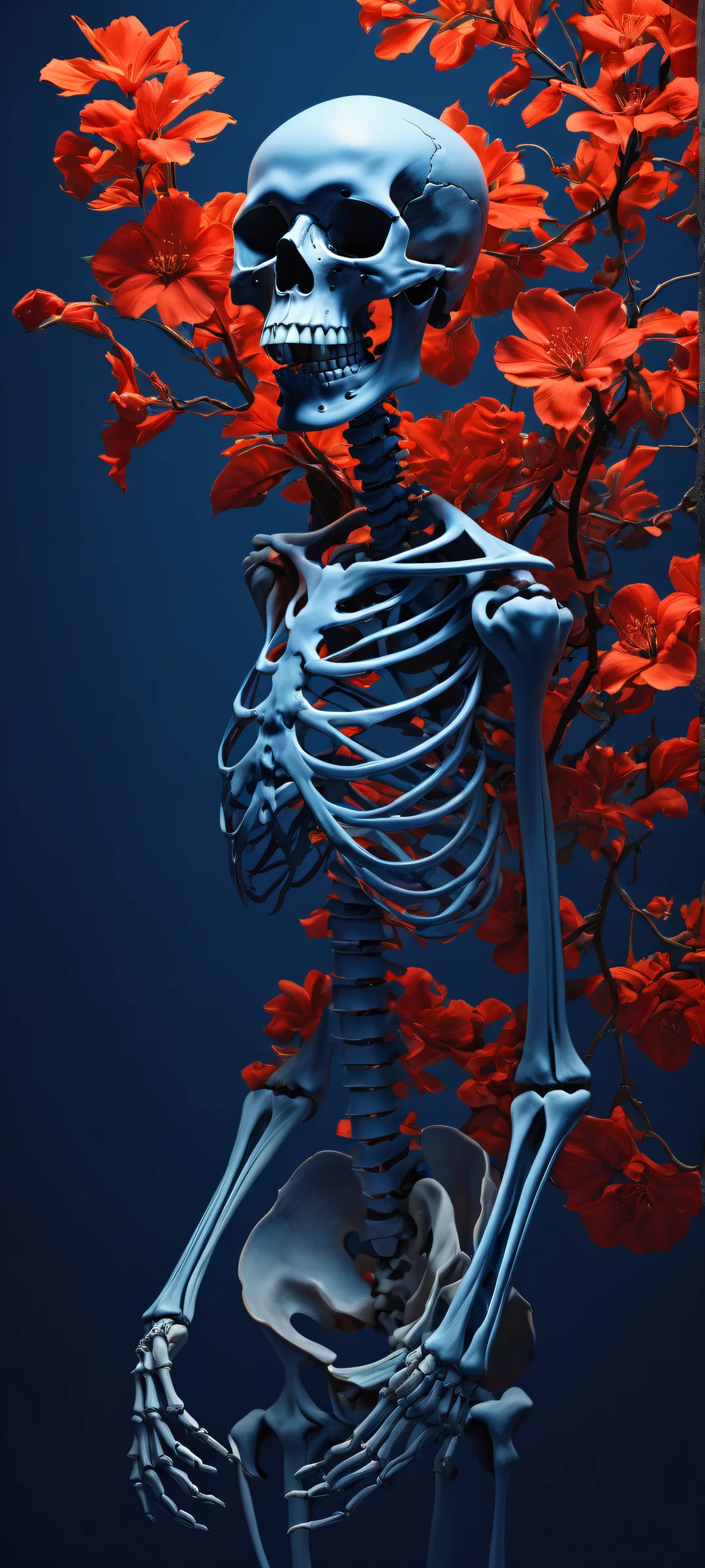 Elegant digital art of a floral skeleton on iPhone/Android, showcasing intricate details and serene blue background.
