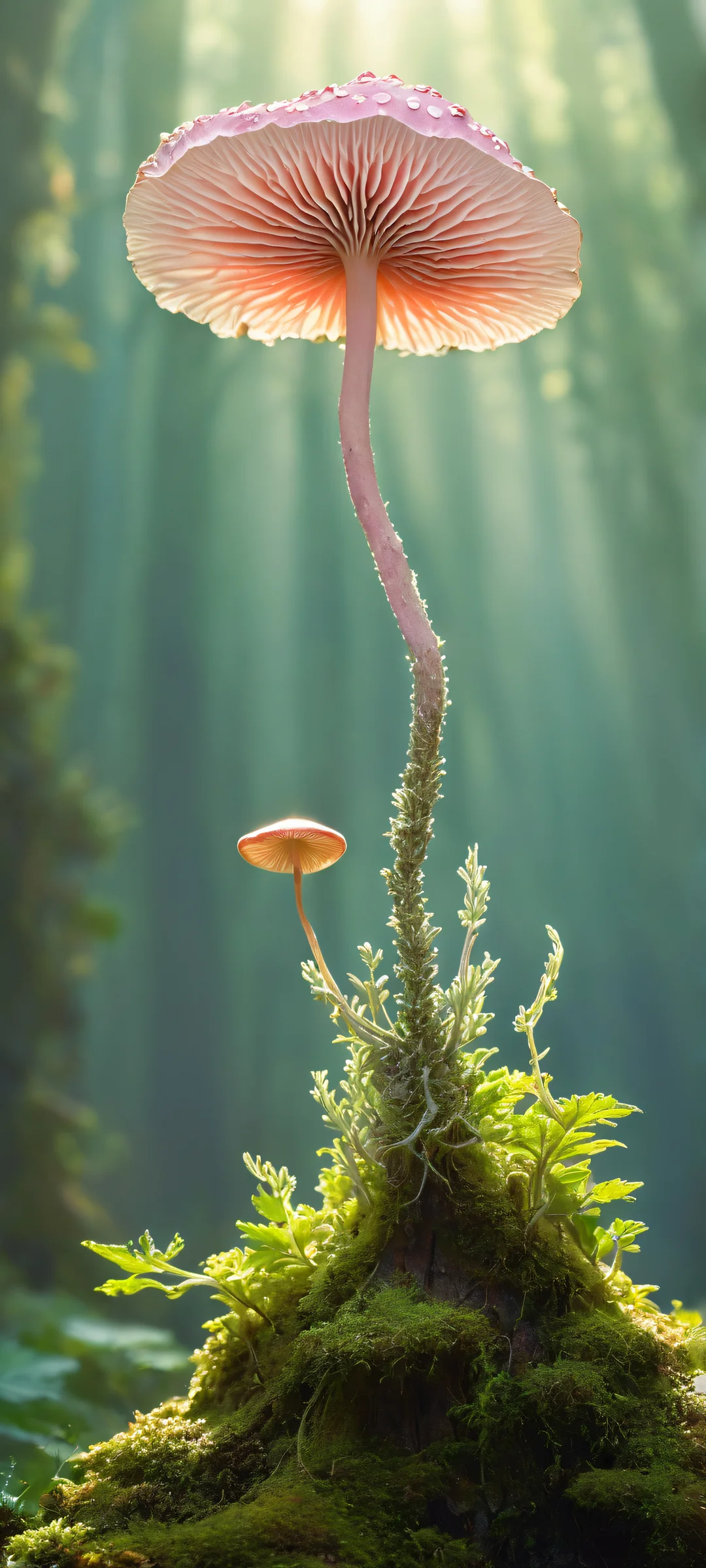 A stunning vertical portrait of a delicate witch's hand holding a glowing fungus, perfectly optimized for iPhone and Android home screens.