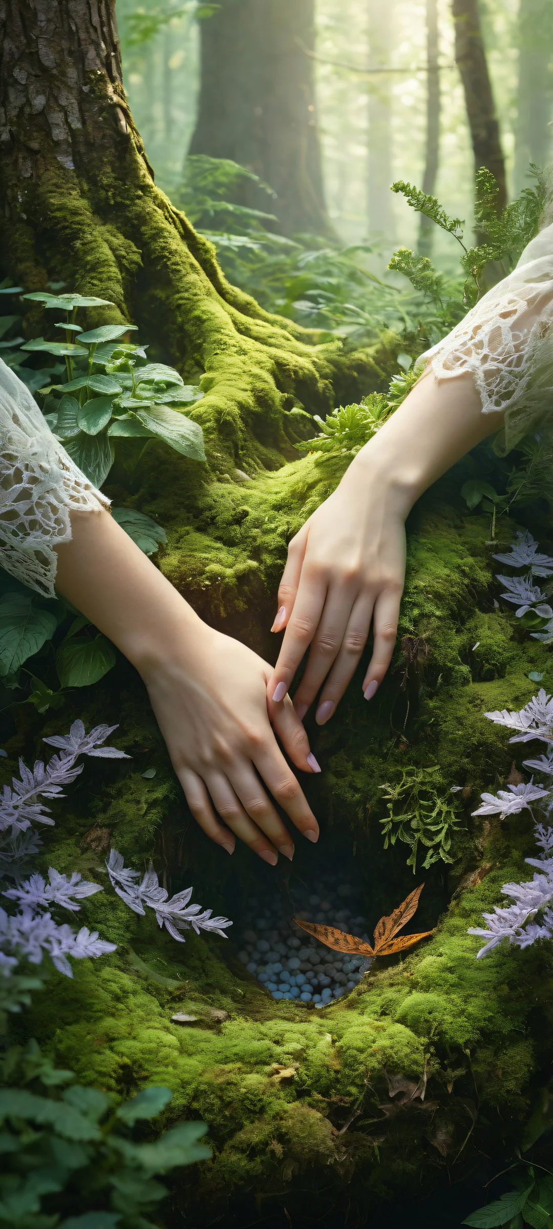 A delicate witch's hand amidst a lush forest floor filled with rare herbs and plants on an iPhone/Android home screen.