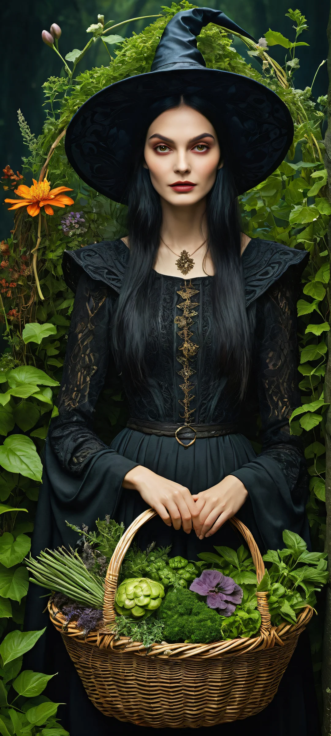 A witch gathering herbs and plants on a vast meadow with iPhone/Android in the background.