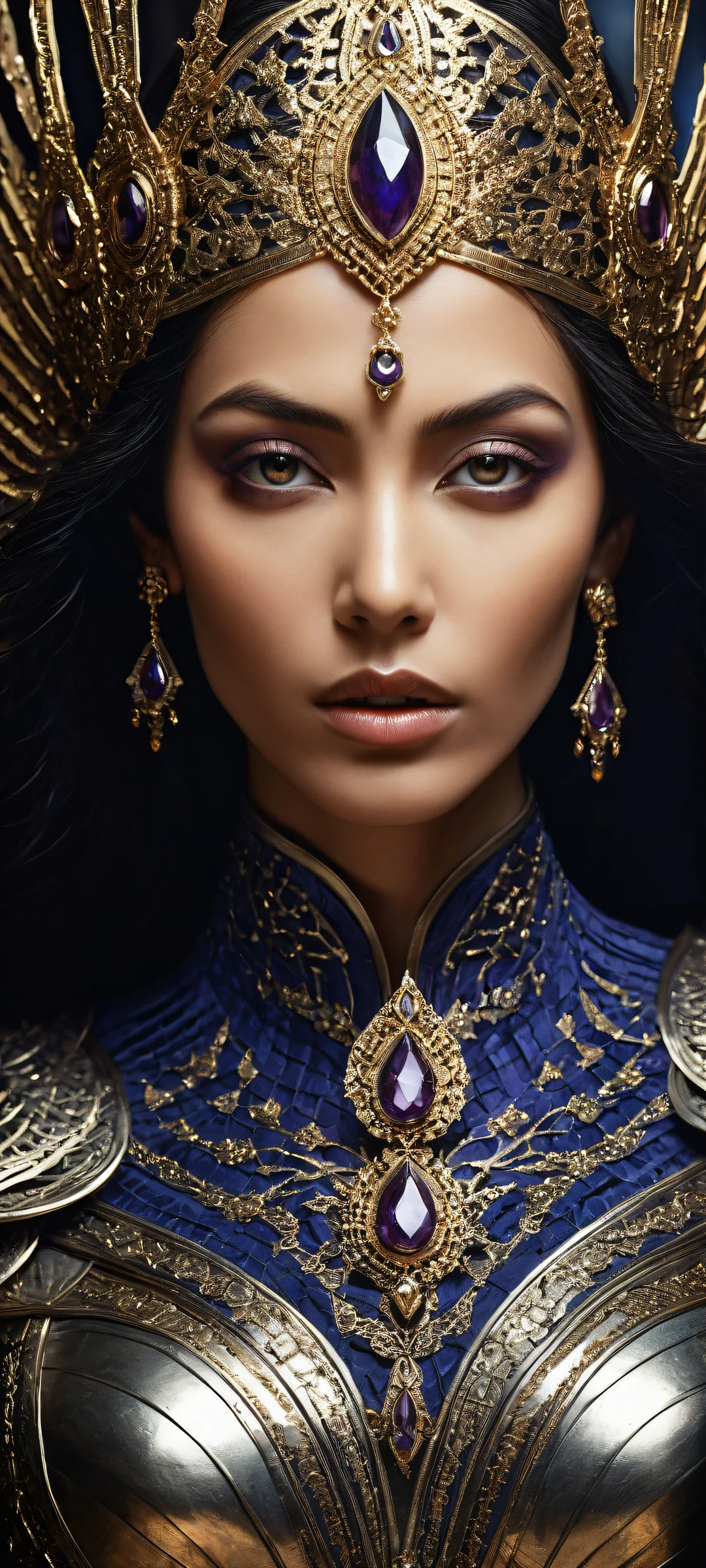 A mystical woman with dark armor and flowing hair on a pure void background, perfectly optimized for iPhone/Android home screens.