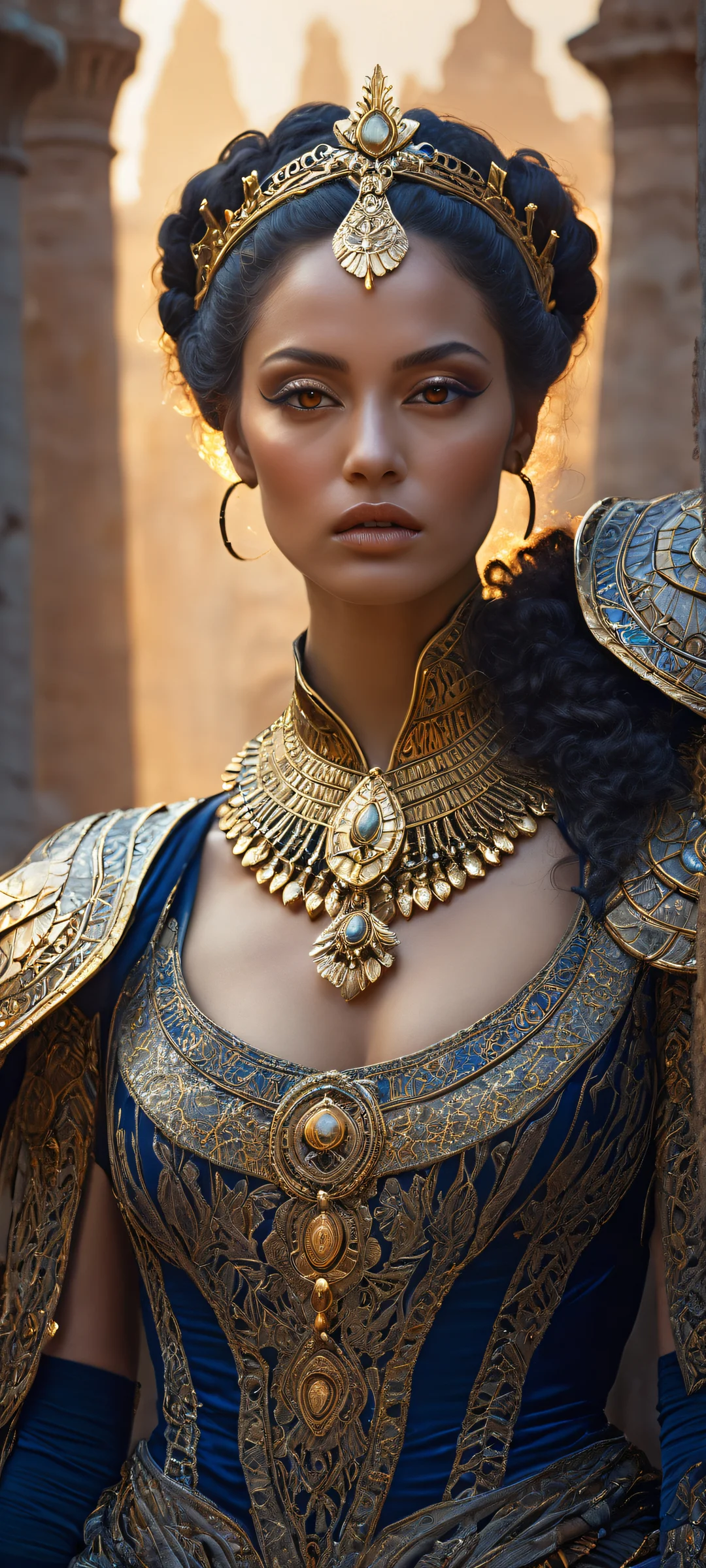 iPhone/Android: A mysterious woman in ornate armor stands before ancient ruins, with intricate details and ethereal lighting.