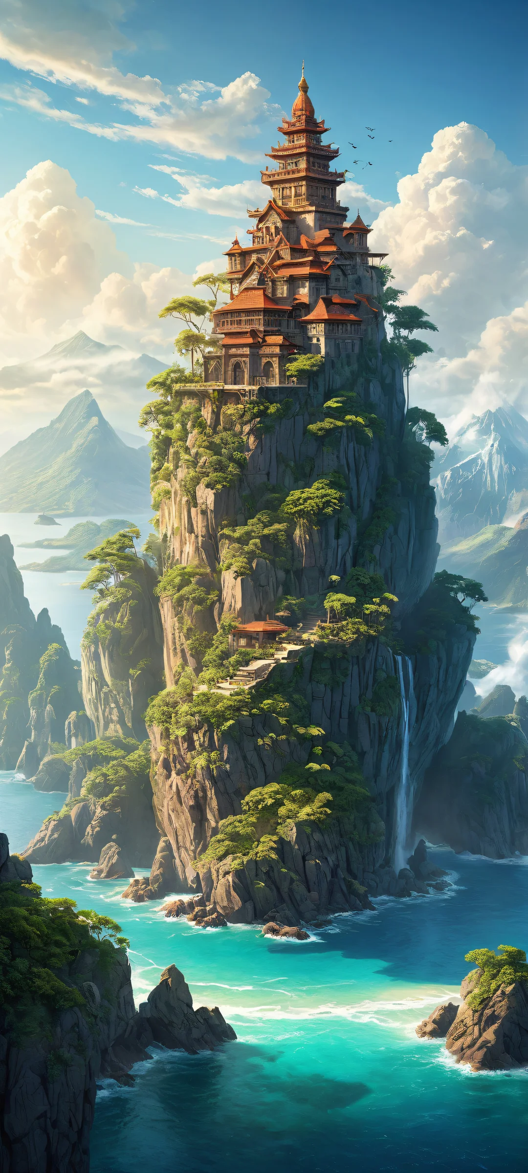 Mystical Isle iPhone & Android Wallpaper A serene mystical island with ancient structures and radiant lighting on iPhone/Android.