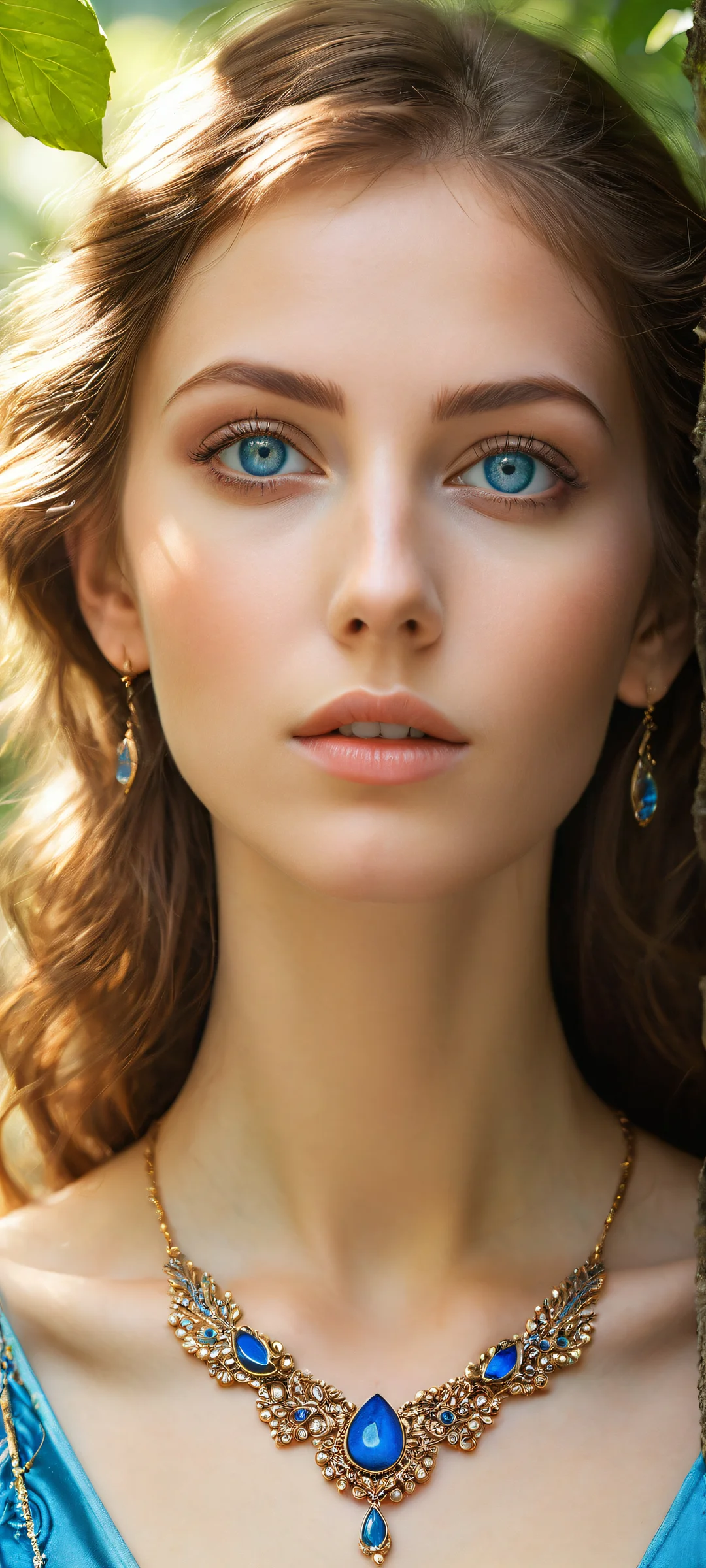 A mystical maiden with piercing blue eyes and delicate features against a serene forest backdrop, perfeito para telas iniciais de iPhone/Android.