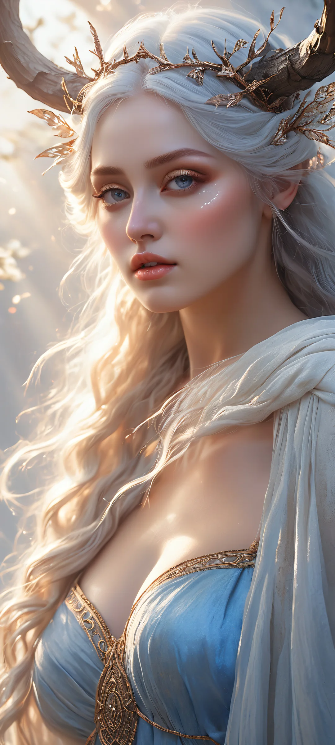 iPhone/Android wallpaper featuring a mystical maiden with ethereal horns and flowing hair, set against a soft-focus gradient of misty mountains. Perfectly optimized for iPhone, Samsung Galaxy, and Android home screens.