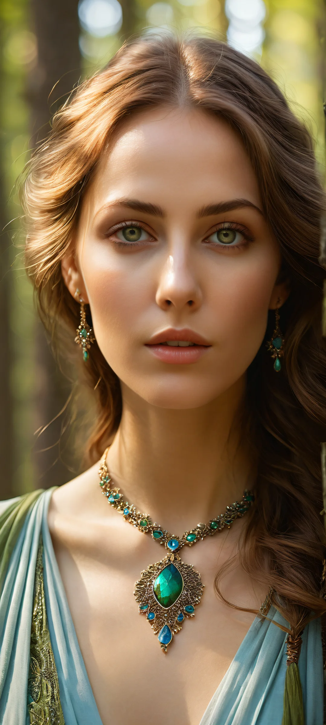 A mystical maiden surrounded by a serene forest landscape on an iPhone or Android device.