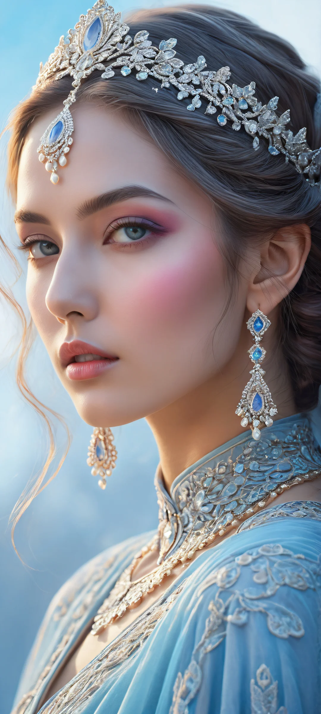 iPhone/Android wallpaper of a mystical maiden in a beautiful fantasy landscape with intricate details and ethereal lighting.