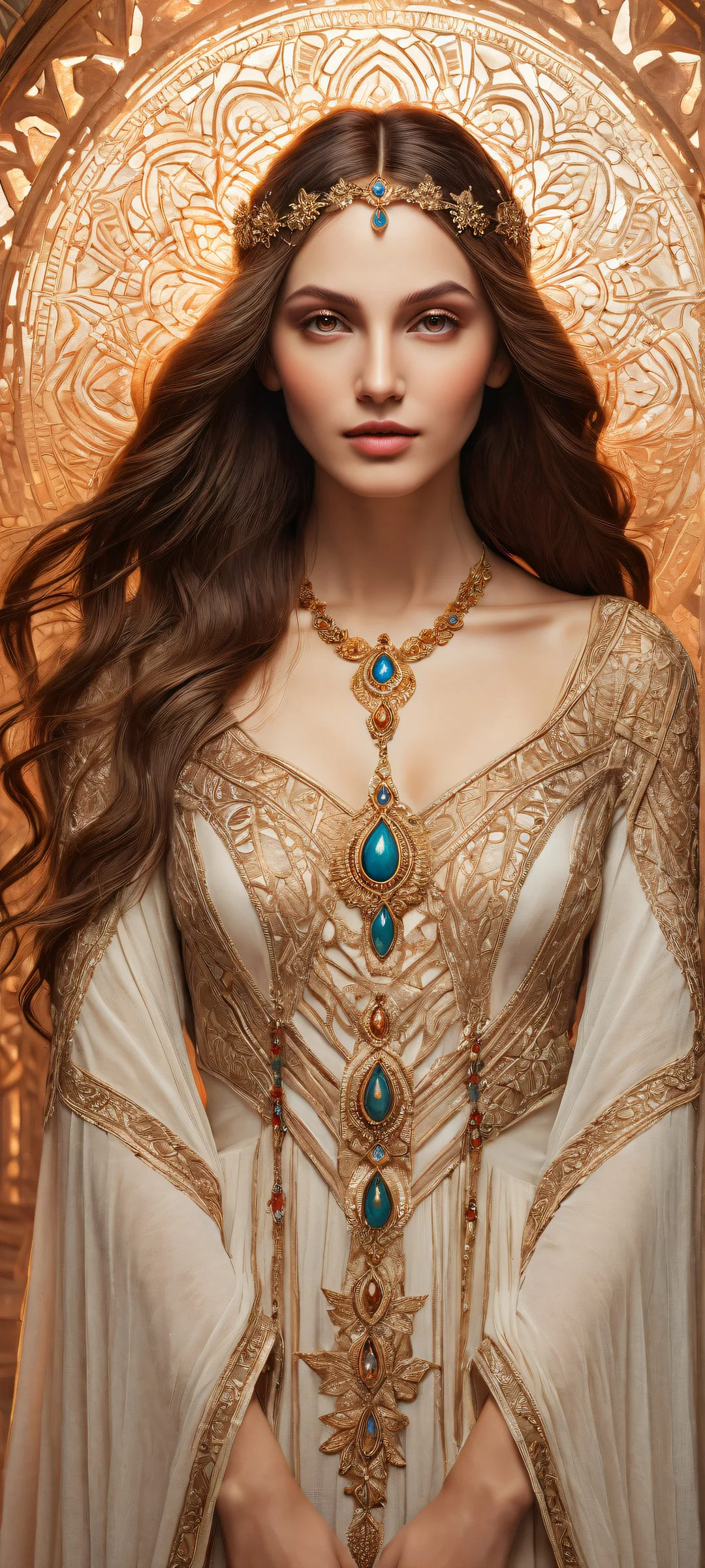 A mystical maiden with pointy ears gazes directly at the viewer on iPhone or Android.