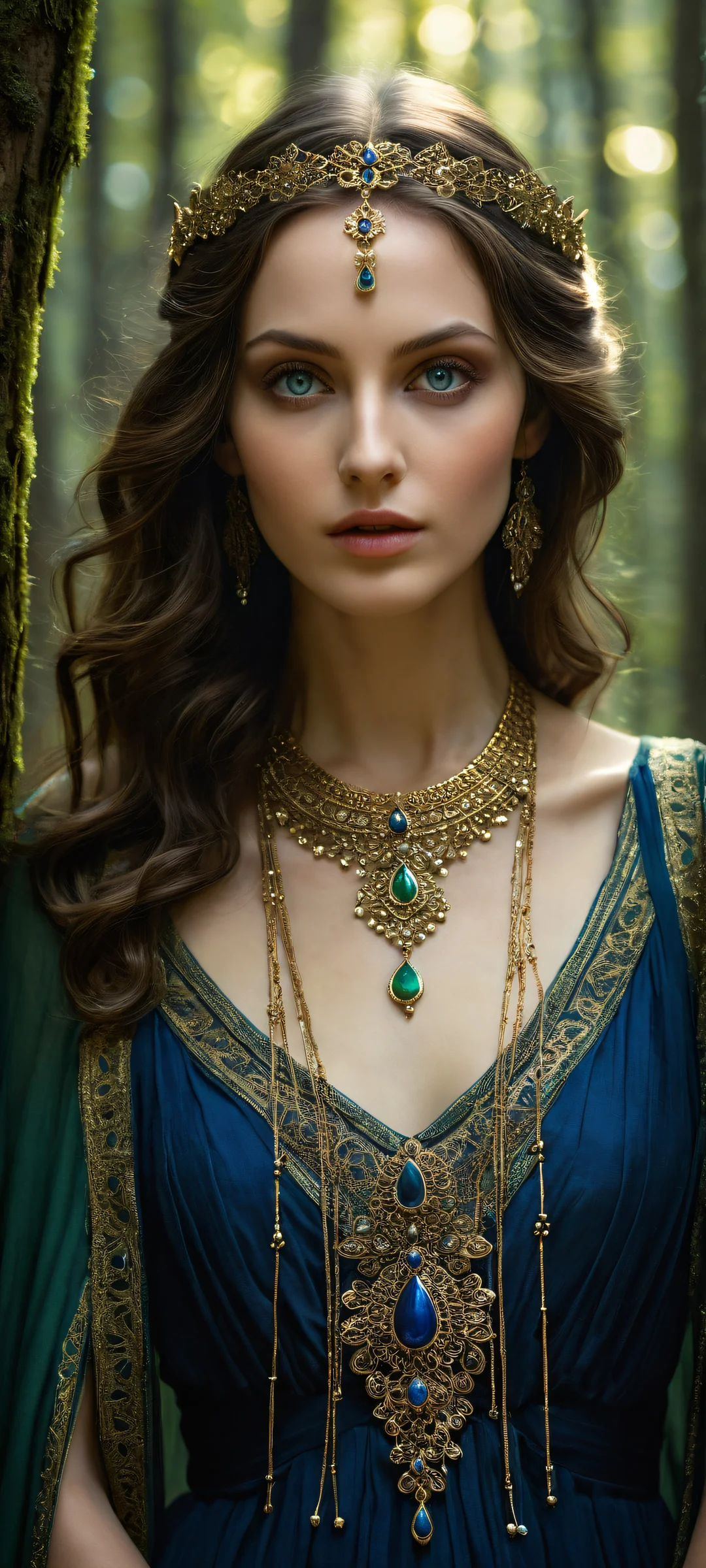 A mystical maiden with beautiful brown hair and deep blue eyes set against a serene forest landscape, iPhone/Androidのホーム画面に完全に最適化.