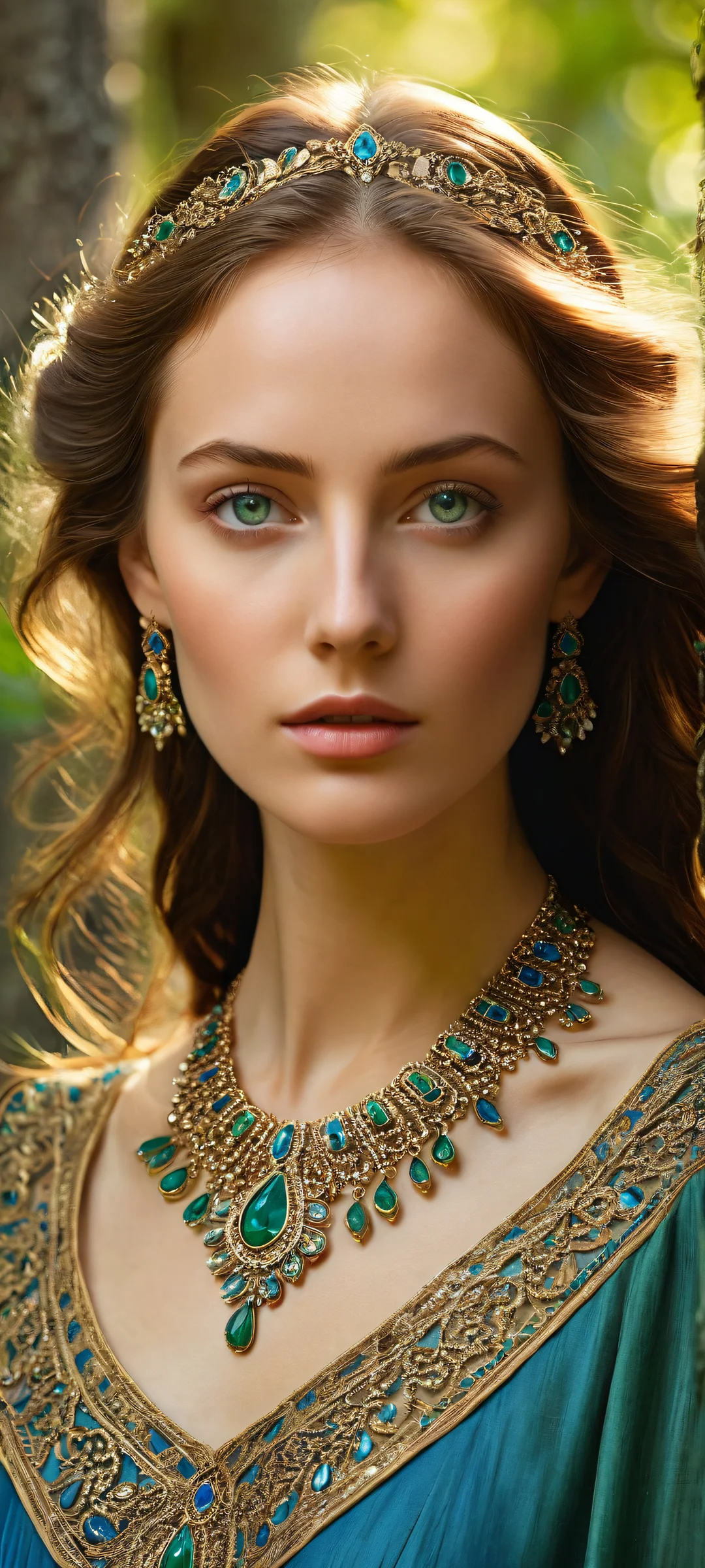 Serene maiden with brown hair and blue eyes surrounded by nature's majesty, perfectly optimized for iPhone/Android home screens.