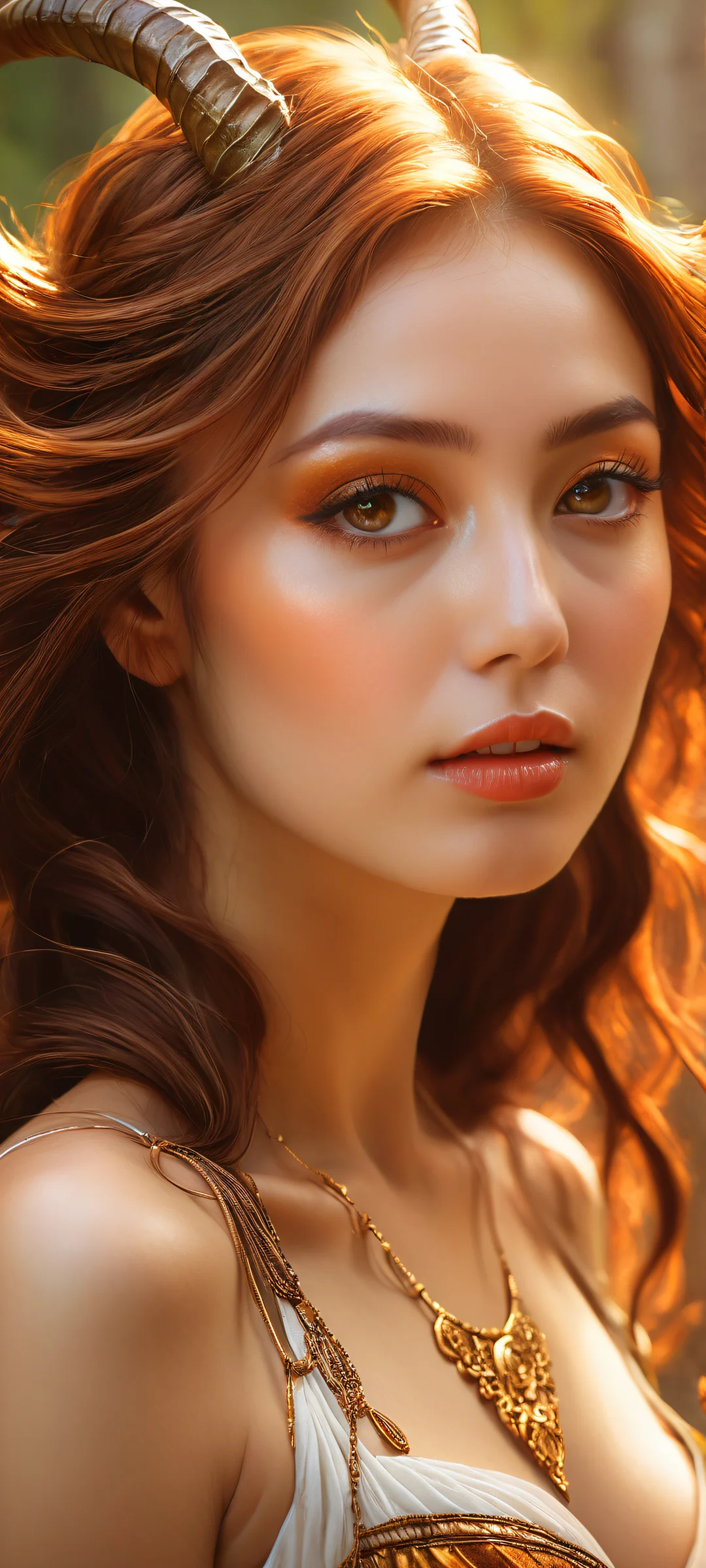 A mystical maiden with pointy ears and horns amidst a vast pure void, perfectly optimized for iPhone/Android home screens.