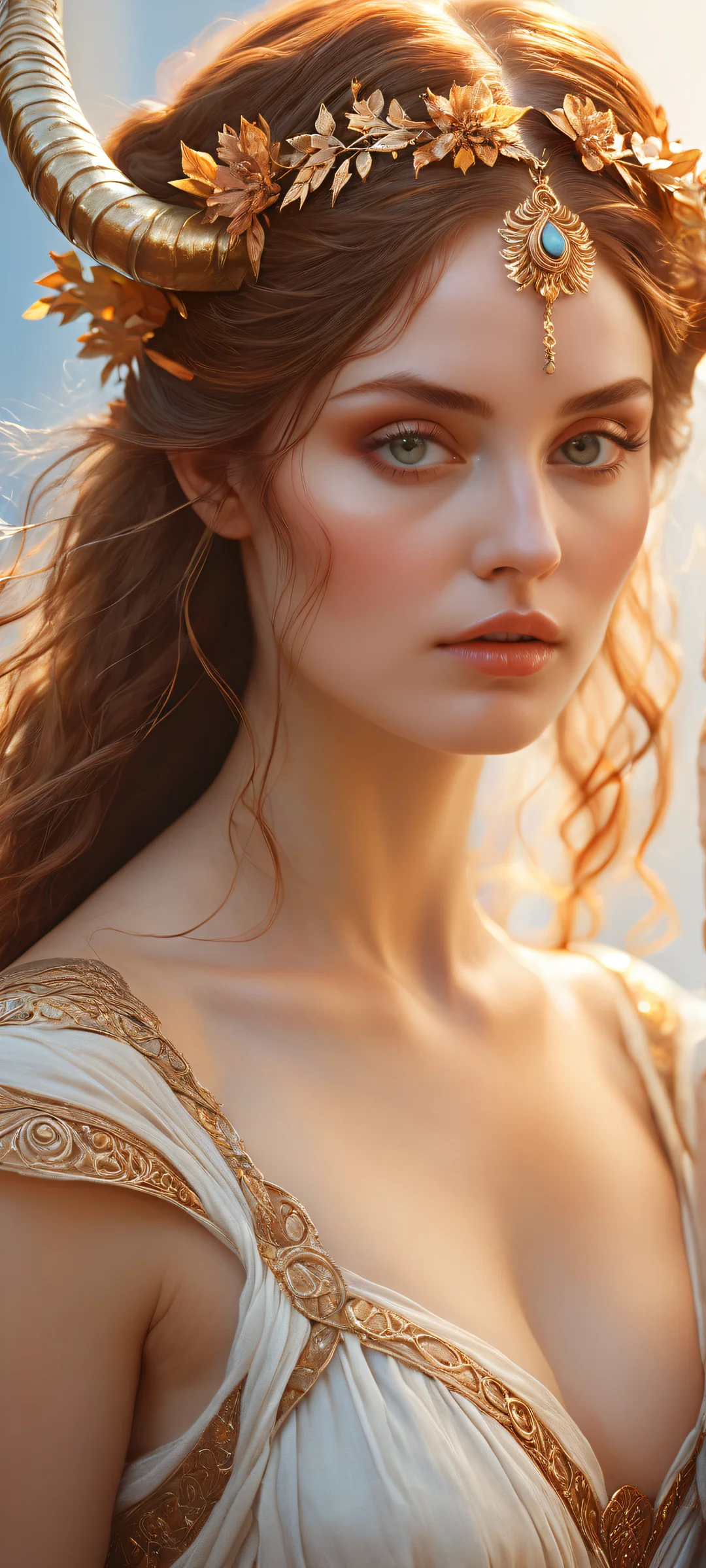 iPhone and Android user, gaze upon the mystical maiden with iPhone and Android in hand, surrounded by an otherworldly realm.