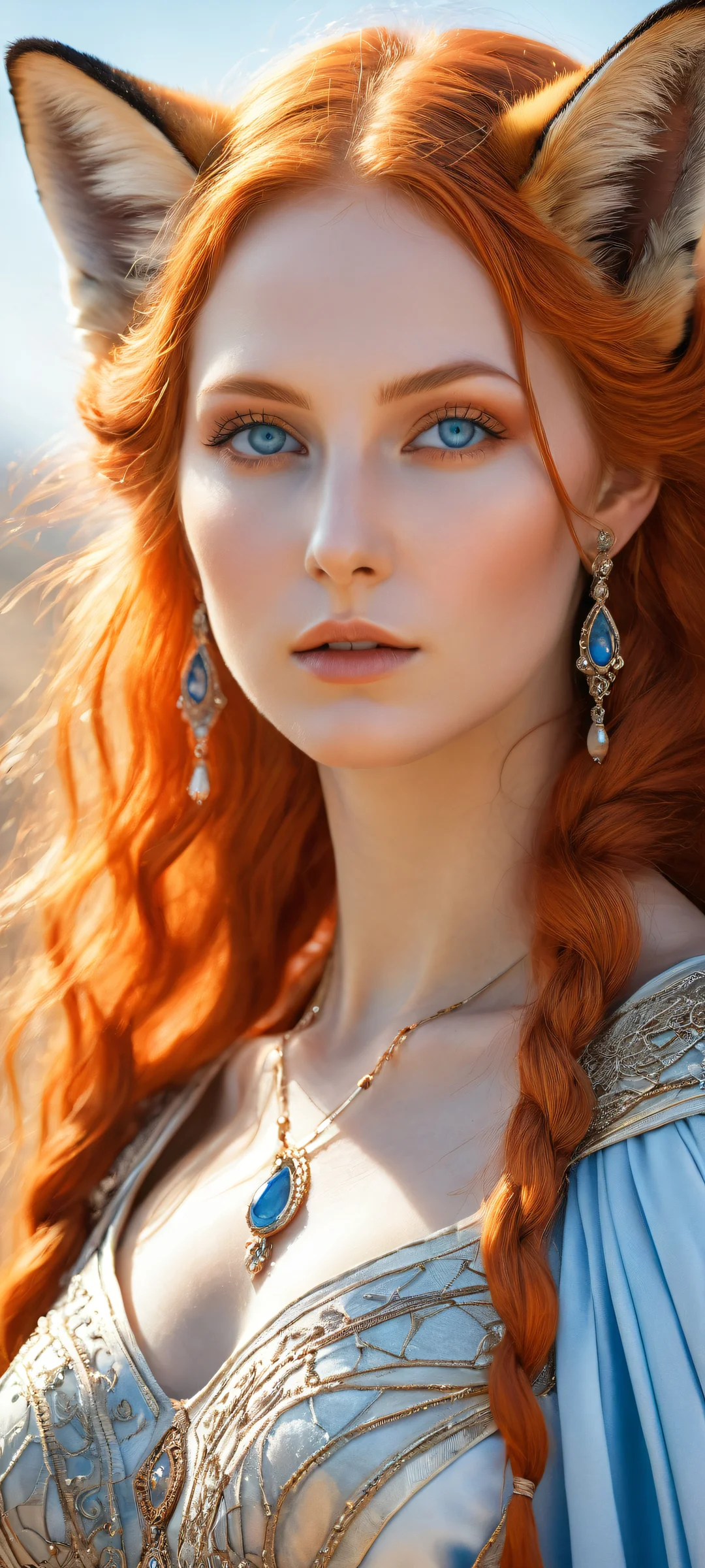 A mystical maiden with glistening orange locks and piercing blue eyes on iPhone/Android