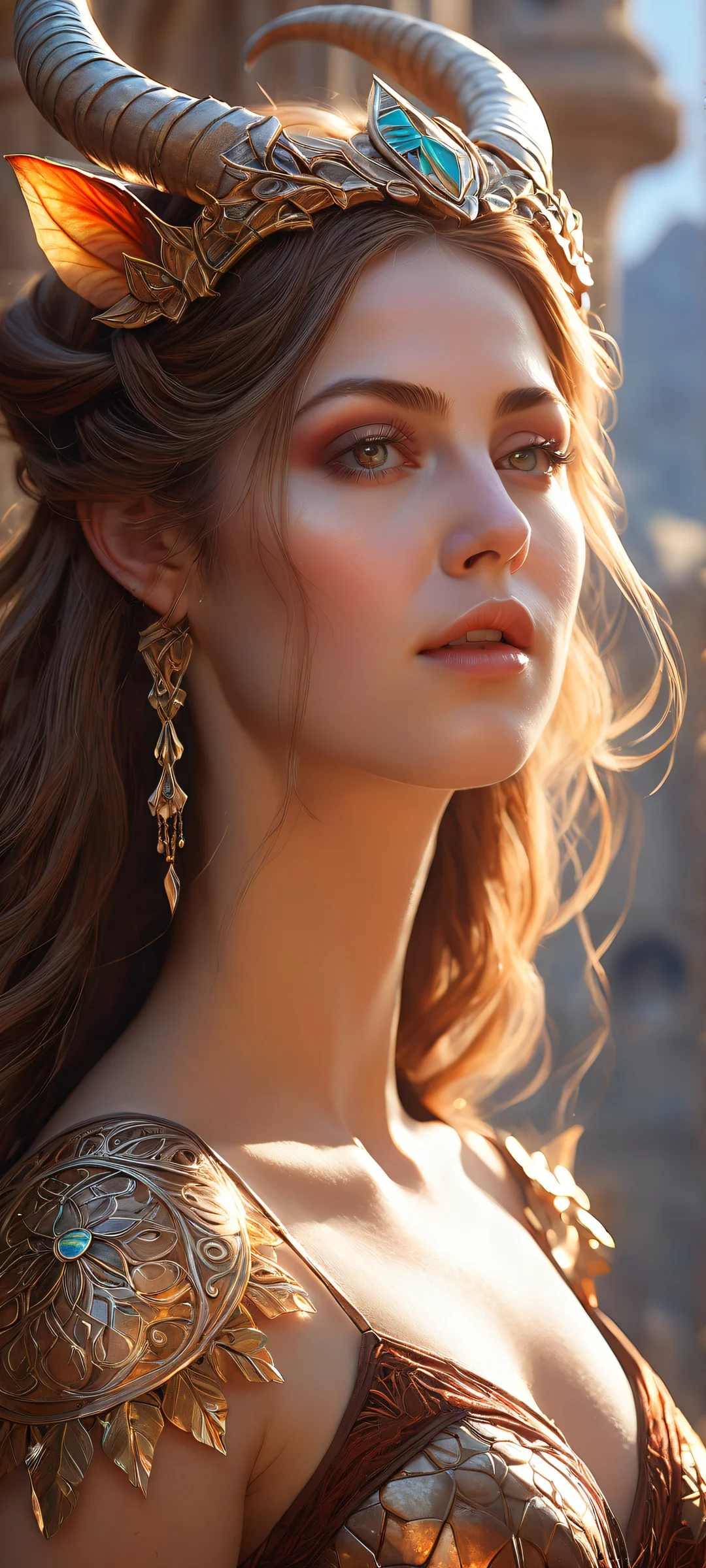 A mystical maiden with pointy ears and intricate costume gazes directly at the viewer, parfaitement optimisé pour les écrans d'accueil iPhone/Android.