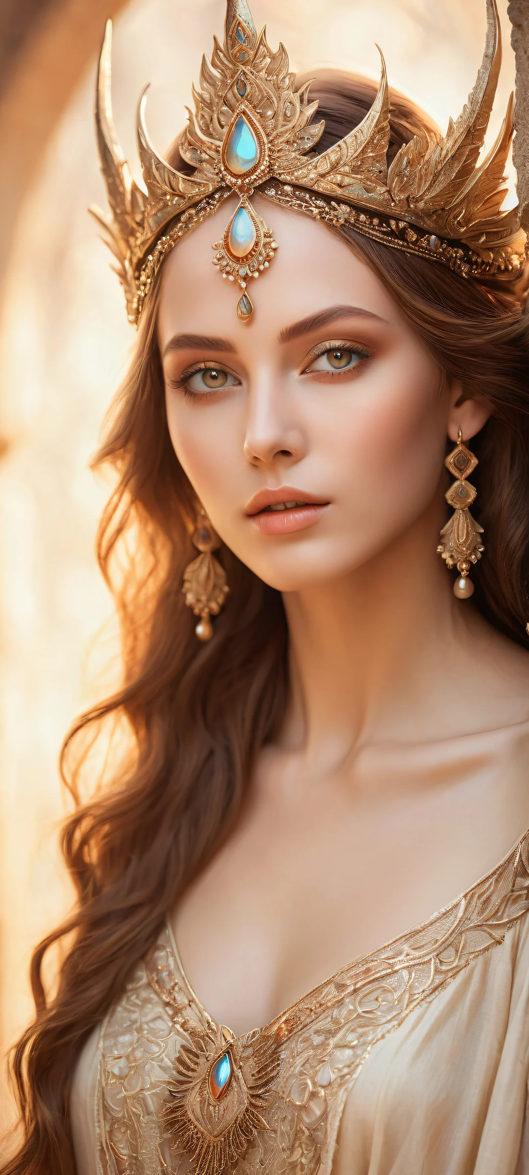 A mystical maiden with pointy ears and intricate horn designs sits in the lower-middle of this stunning digital artwork, surrounded by a subtle pastel gradient. Perfectly optimized for iPhone, Samsung Galaxy, and Android home screens.