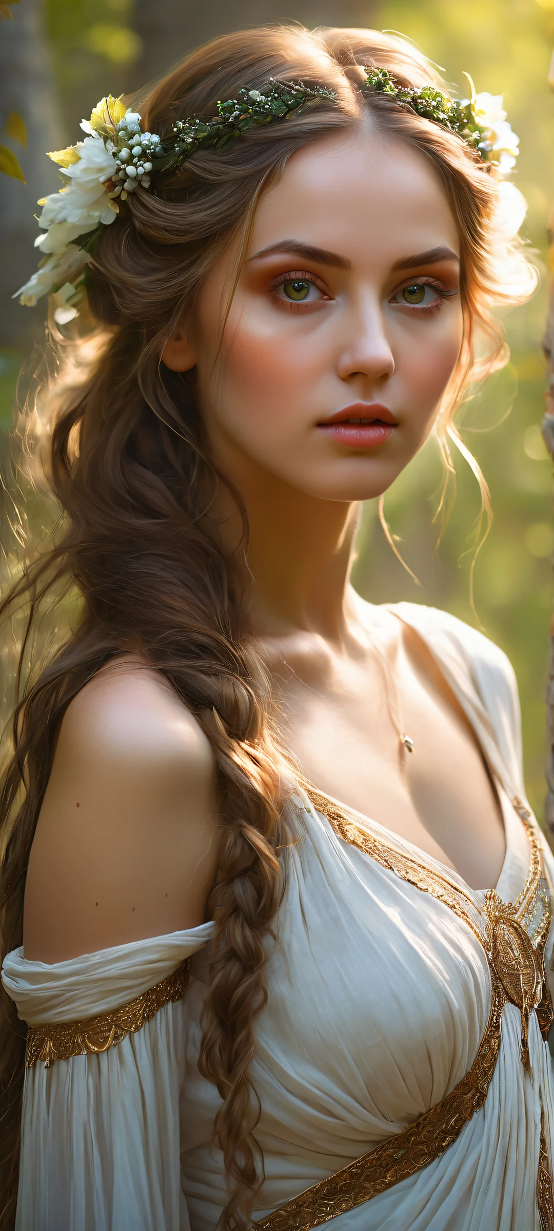 A mystical maiden with striking features on iPhone/Android wallpapers, surrounded by whimsical forest and ethereal lighting.