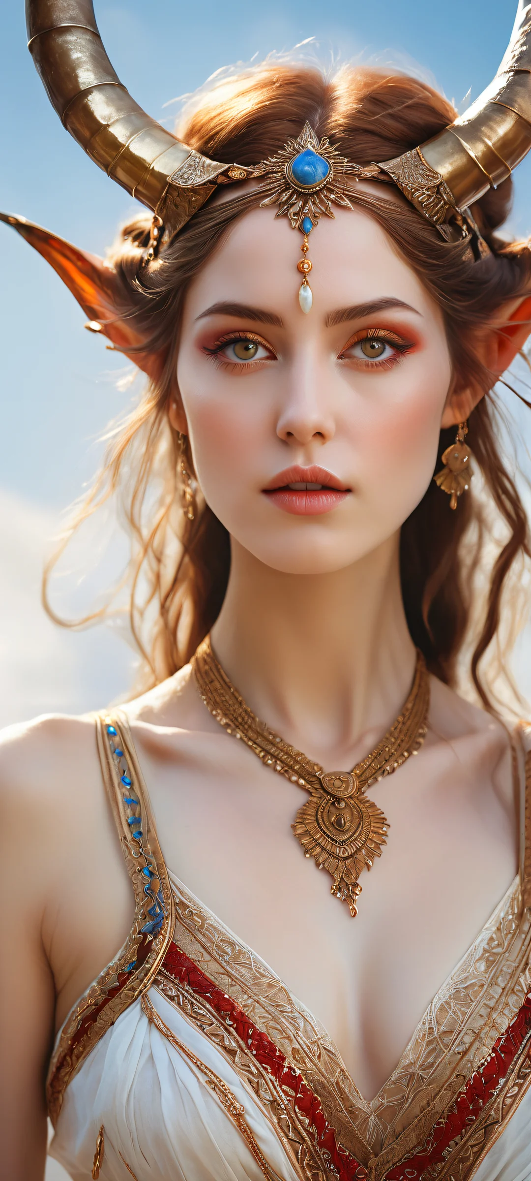 A mystical maiden with pointy ears and long brown hair on a perfectly clean background of void or sky, for iPhone/Android wallpapers.