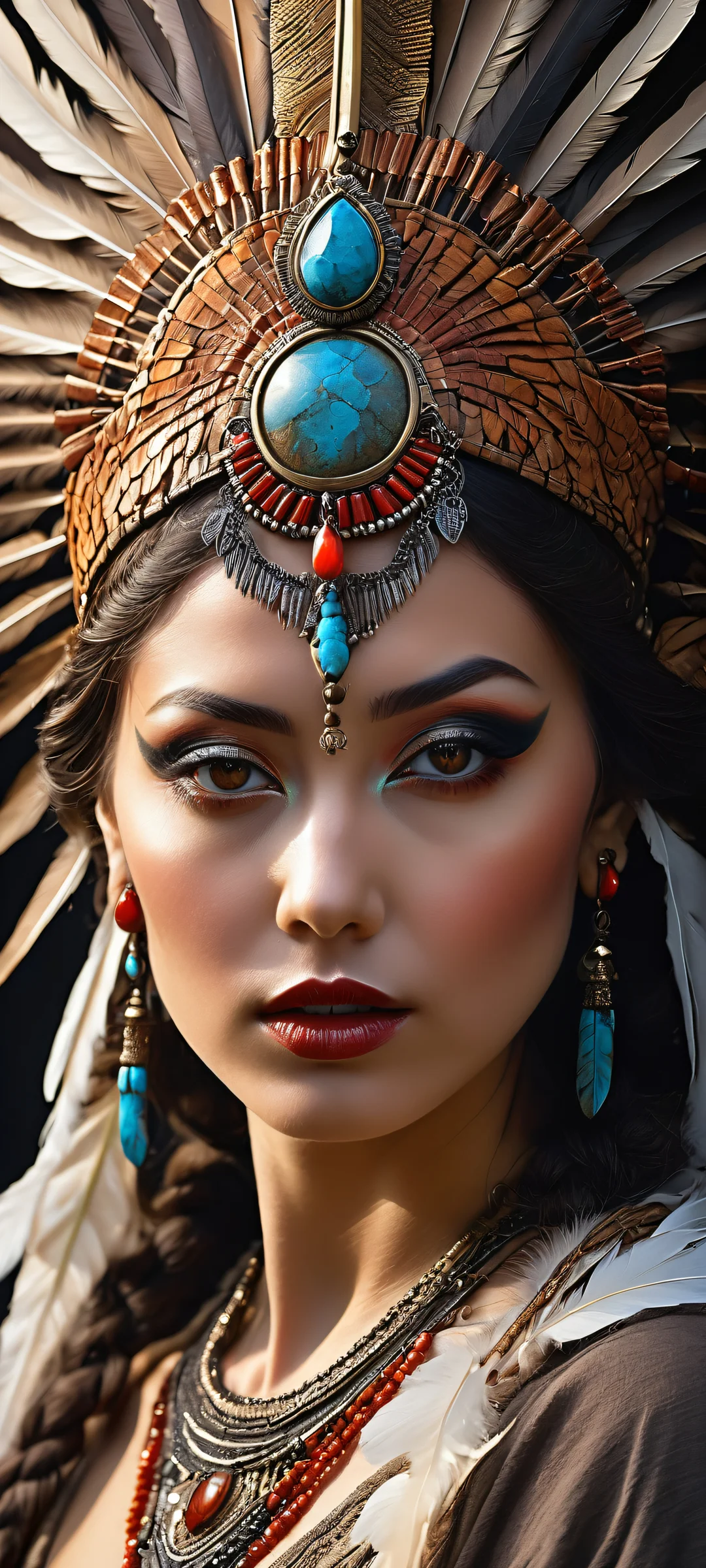 A mystical maiden gazes directly at you on your iPhone/Android device's home screen. Intricate details and perfect contrast make this a stunning mobile wallpaper.