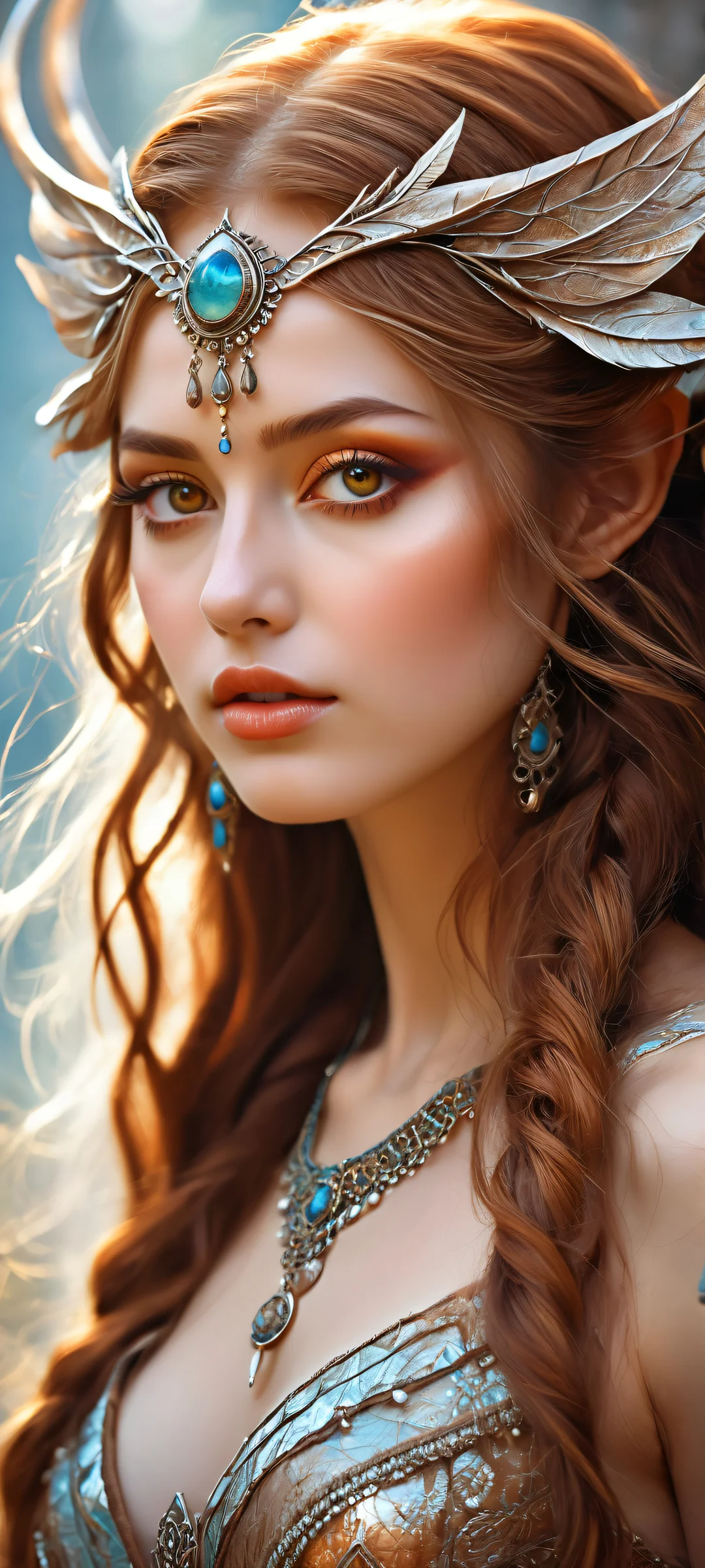A mystical maiden with pointed ears and intricate horn patterns gazes directly at the viewer from a whimsical fantasy landscape, perfect for iPhone or Android home screens.