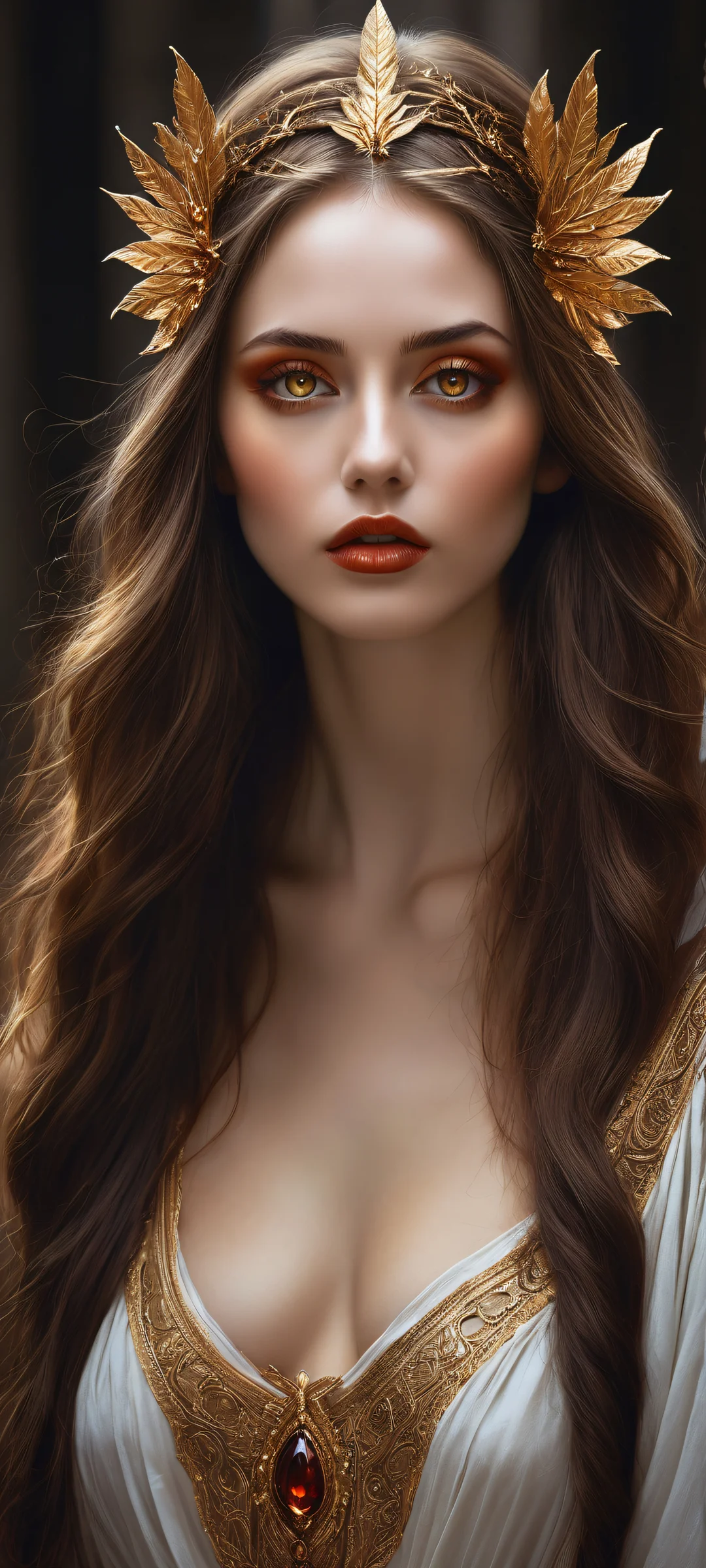 A mystical maiden with striking features against a dark backdrop for iPhone and Android.