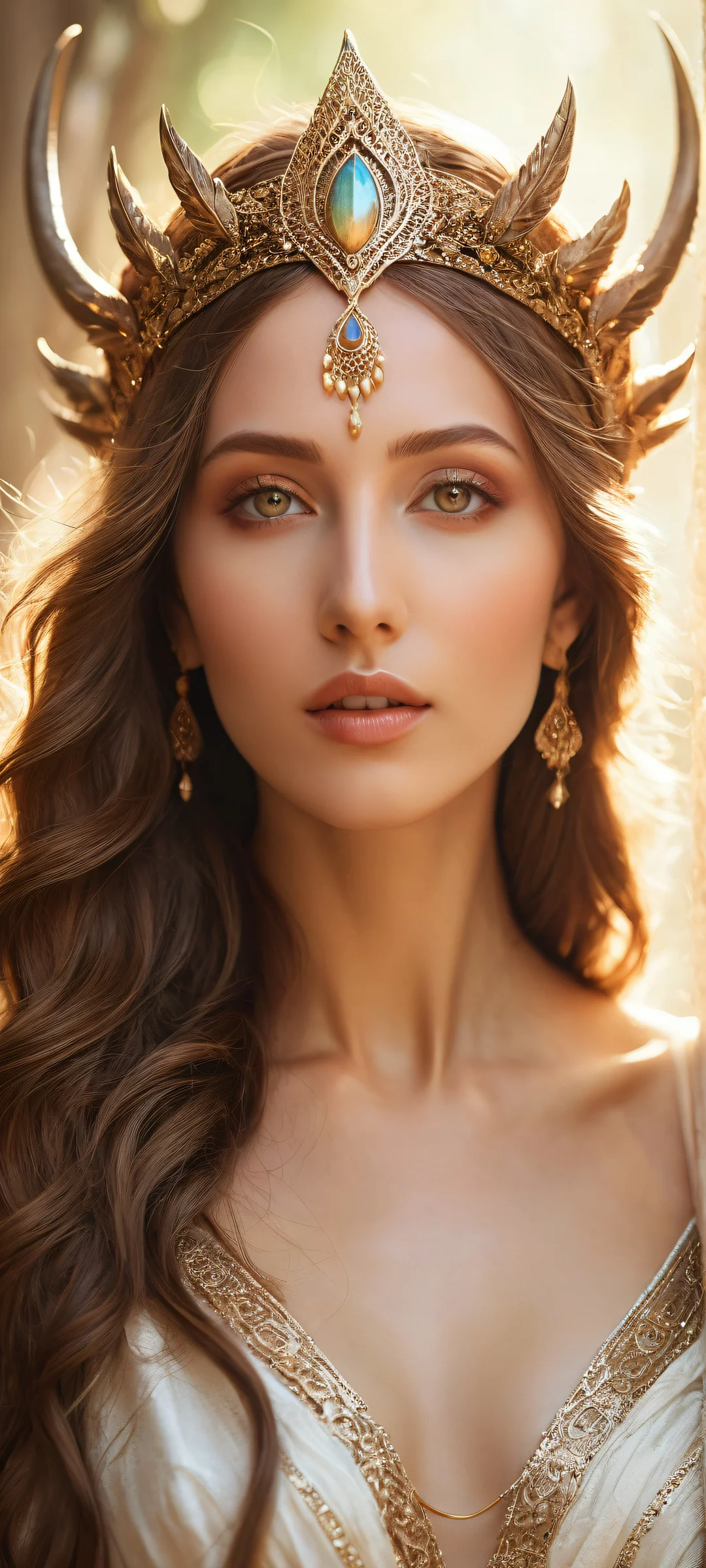 iPhone/Android wallpaper of a mystical maiden with intricate headdress and flowing hair against an ethereal backdrop.