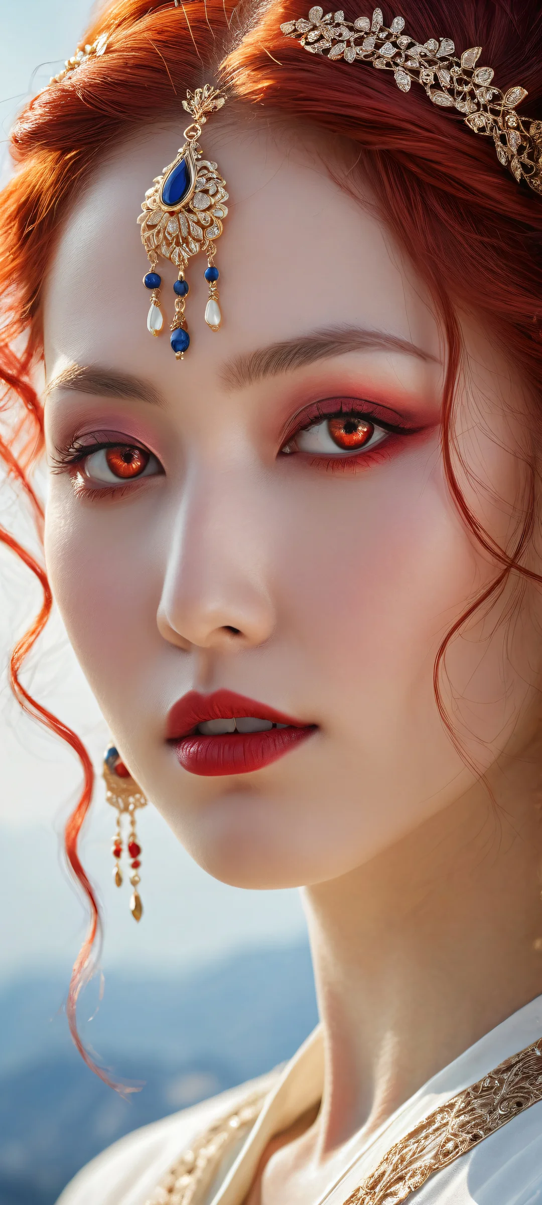 A stunning portrait of a lone female protagonist with striking red hair and piercing red eyes, perfect for iPhone/Android home screens.