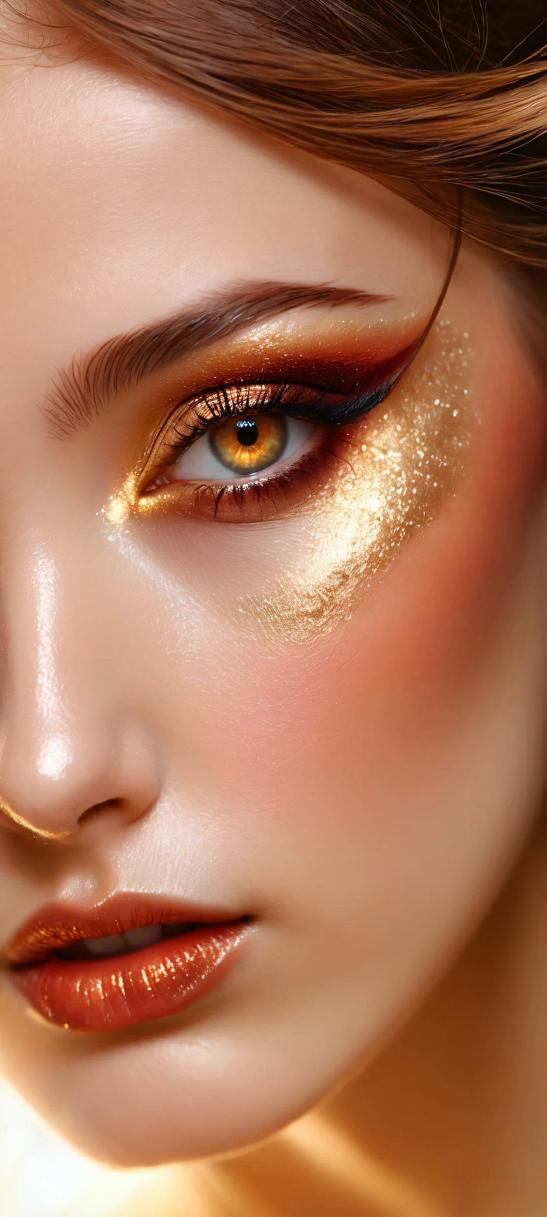 Beautiful maiden with long brown hair and intricate horn protrusions, gazing directly at the viewer on an iPhone/Android device.