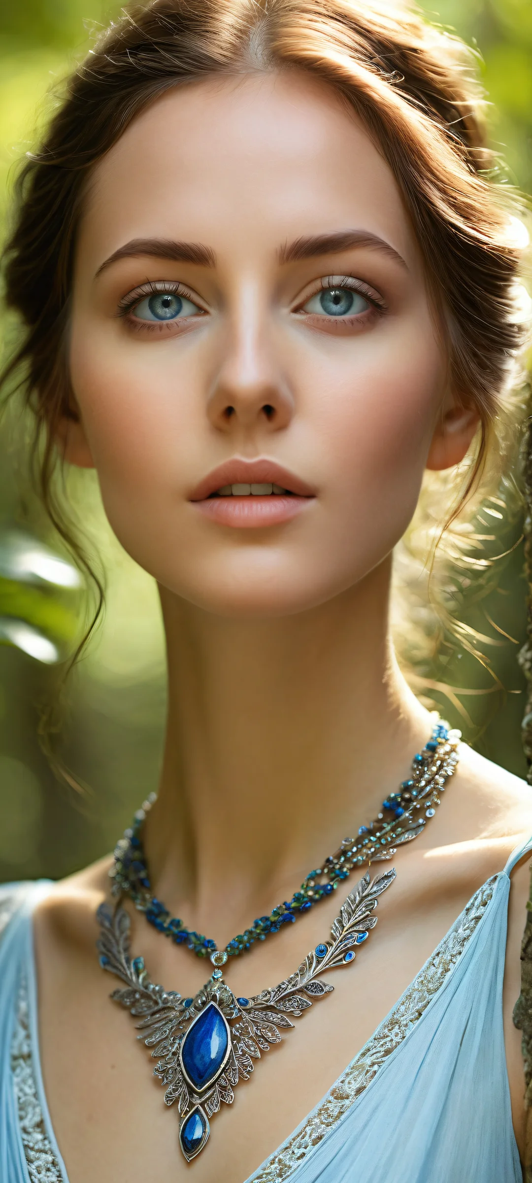 Ethereal portrait of a mystical maiden with iPhone/Android in serene forest setting.