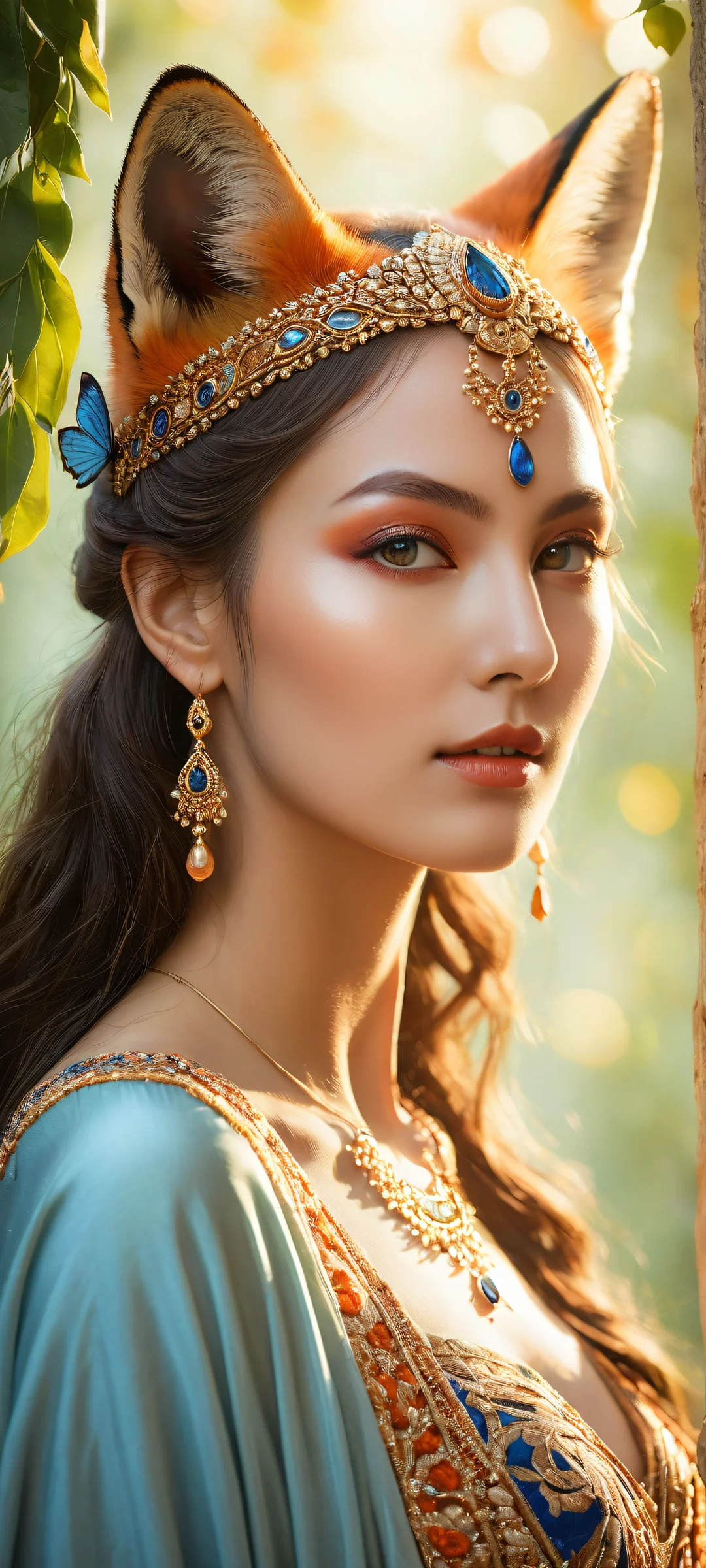 A mystical maiden with intricate fox ear and tail ornaments on a pure void background, perfectly optimized for iPhone/Android home screens.