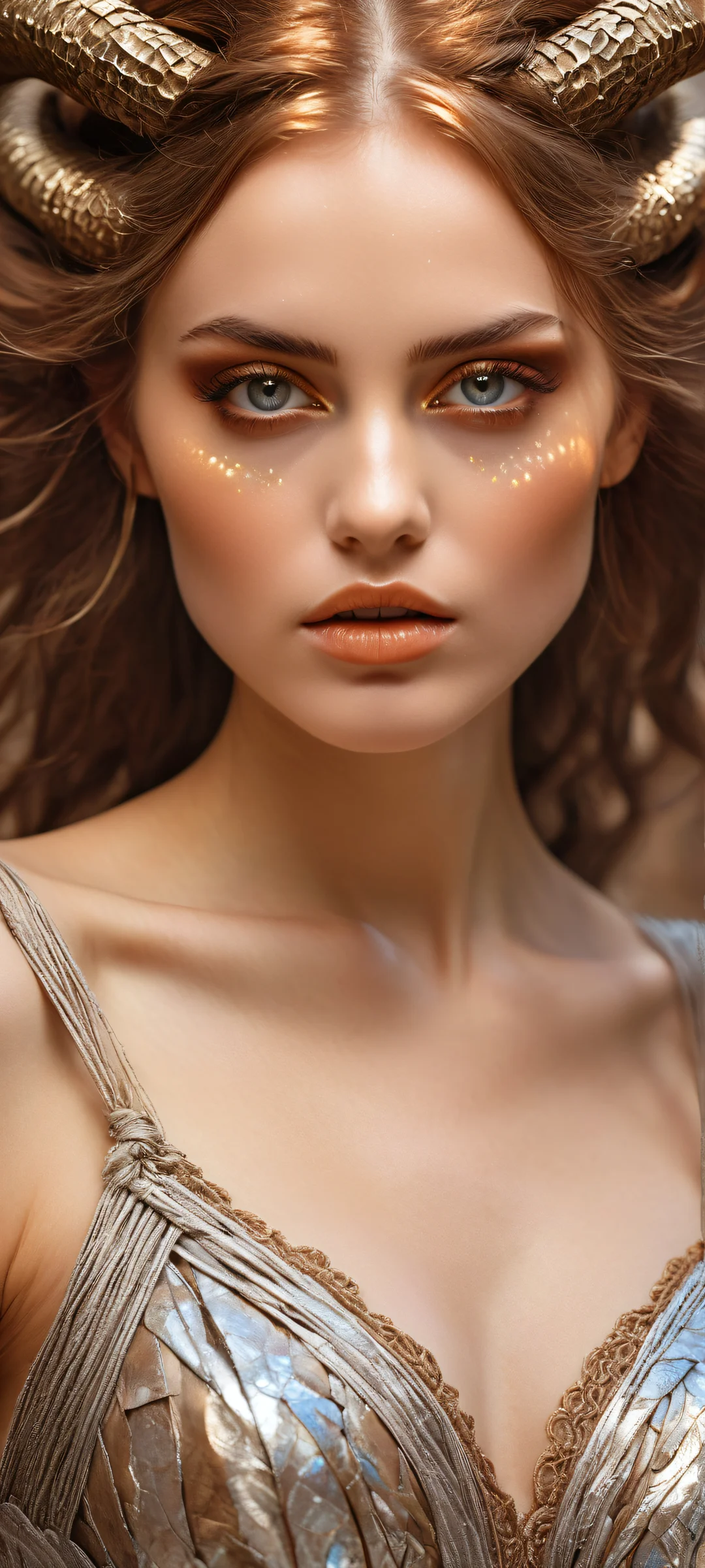 iPhone and Android compatible fantasy artwork featuring a mystical maiden with striking horns and piercing gaze, set against a pure void background.