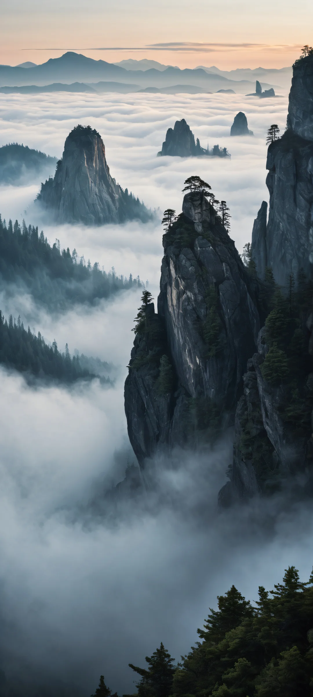 Ethereal shapes emerge from the misty morning fog on an iPhone/Android device, with a perfectly clean and empty top half for UI widgets.