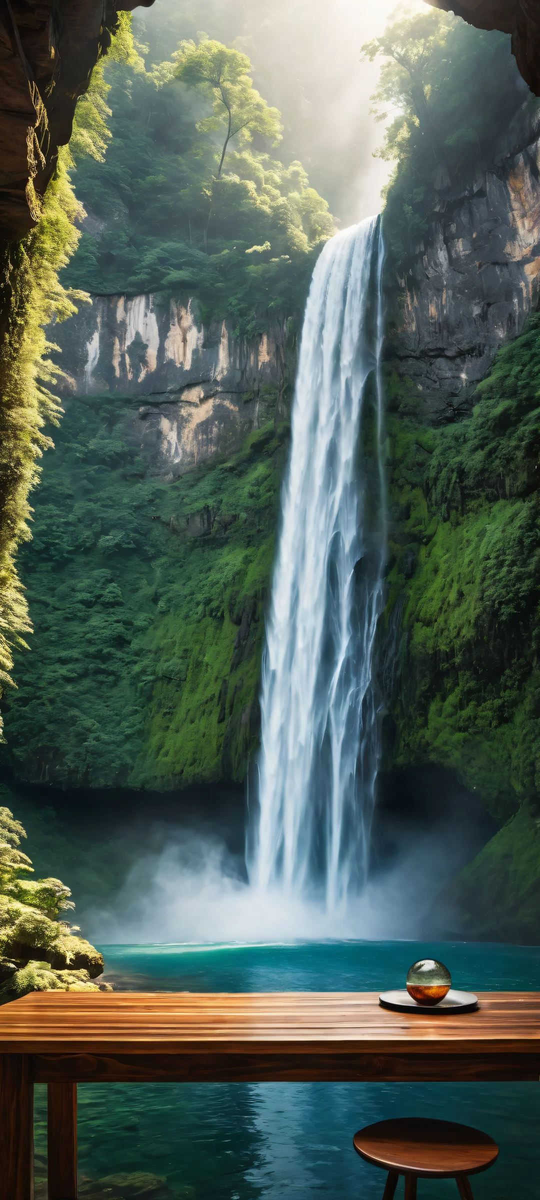 Mystical Oasis QHD Phone Backgroundperfekt optimiert für Home-Bildschirme iPhone and Android users will be mesmerized by this stunning vertical portrait of a mystical waterfall, perfectly optimized for home screens.