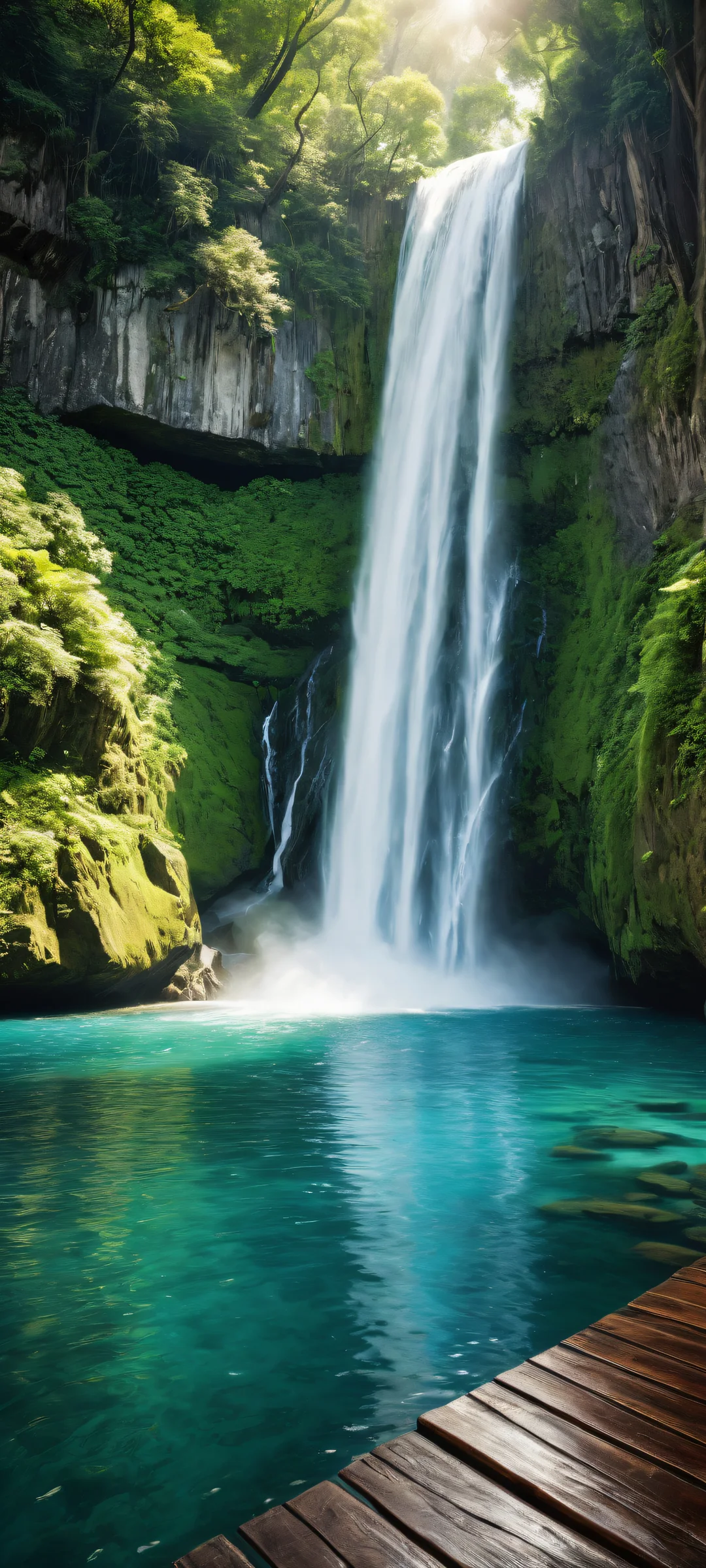 iPhone/Android wallpapers featuring a serene waterfall on an old wooden table, with intricate details and ethereal lighting.