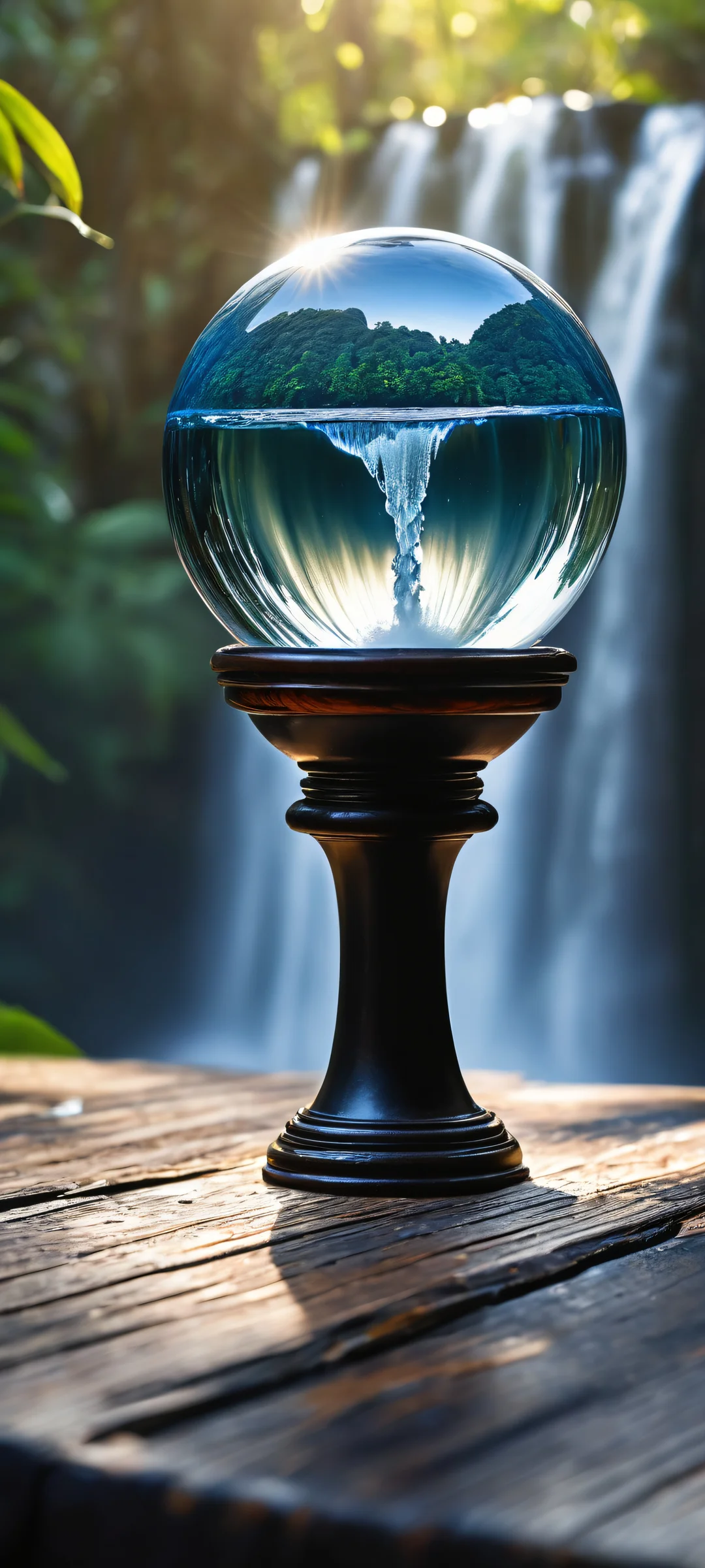 A mystical waterfall pours from a crystal ball onto an old wooden table, iPhone と Android のホーム画面に完全に最適化.