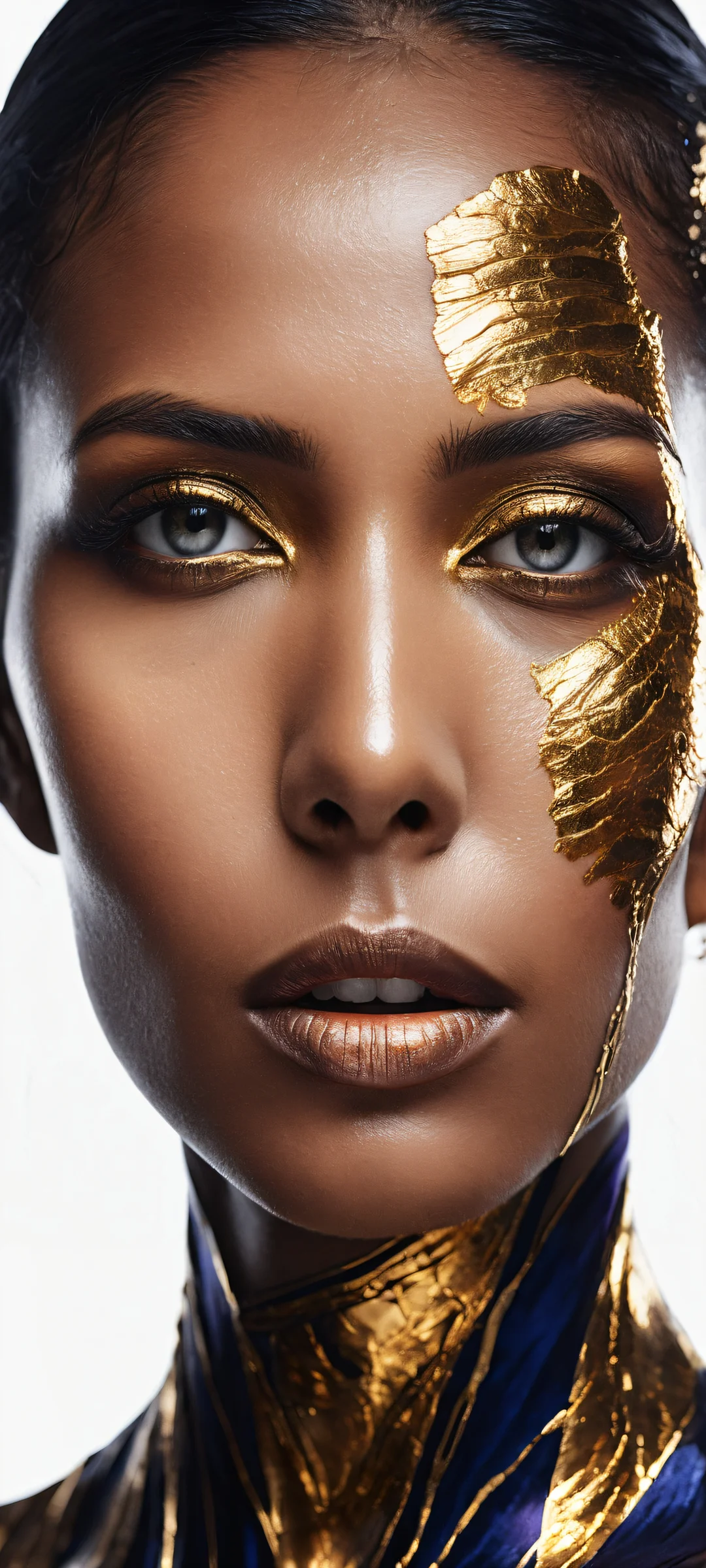 A surreal portrait of a woman with skin like polished obsidian and glowing molten gold veins, perfectly optimized for iPhone and Android home screens.